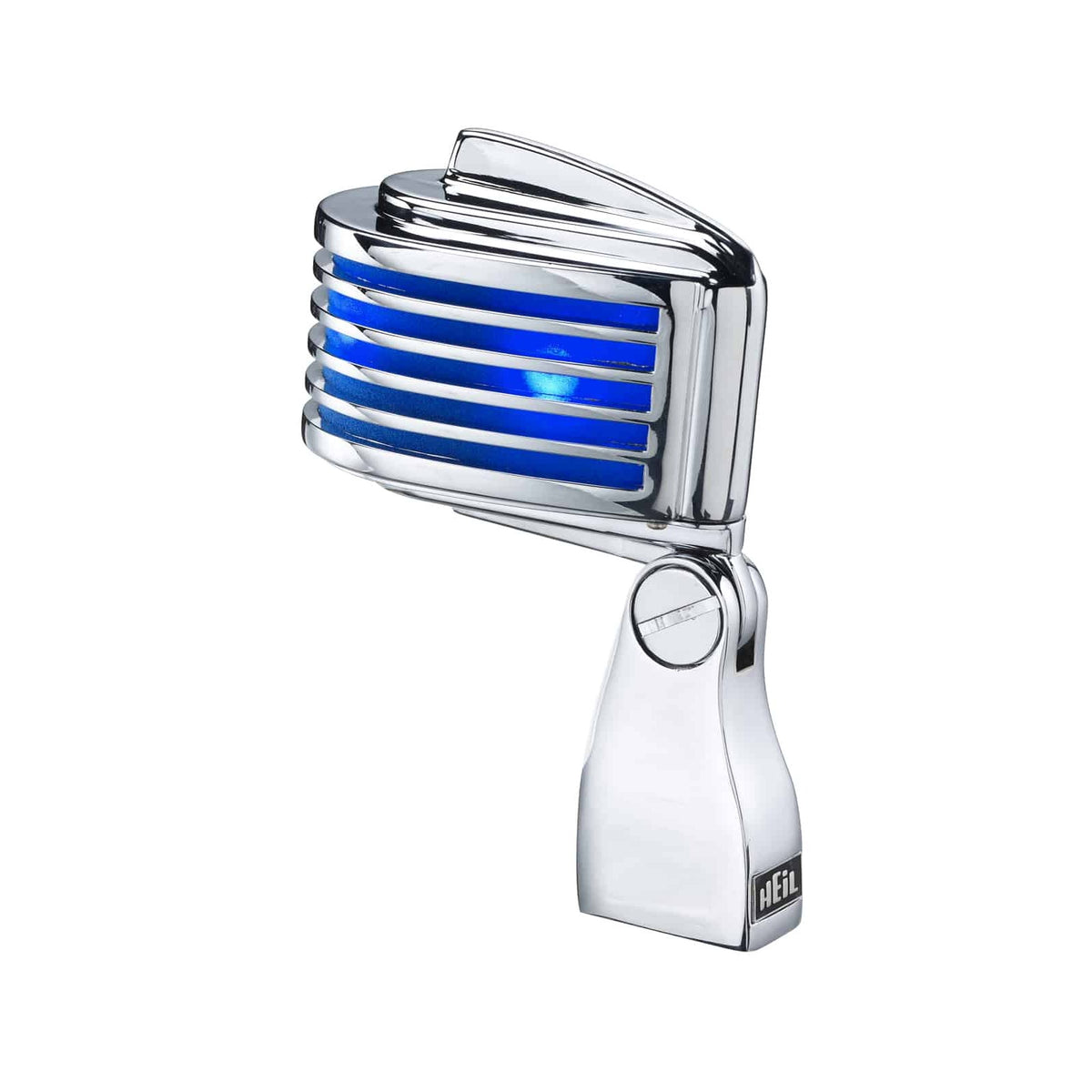 Heil Sound The Fin with chrome body and blue LEDs lit behind the chrome fins, front angle