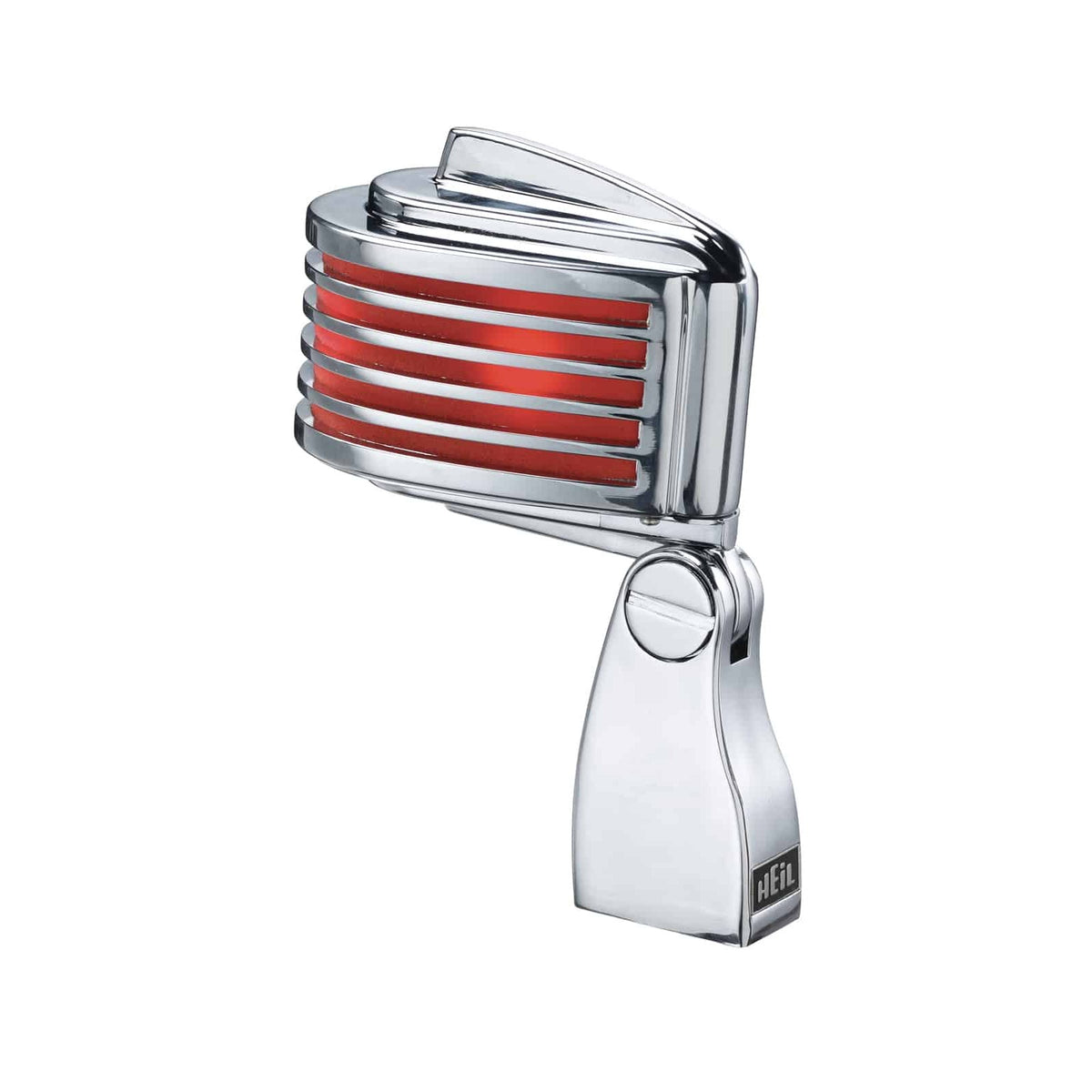 Heil Sound The Fin with chrome body and red LEDs lit, front angle