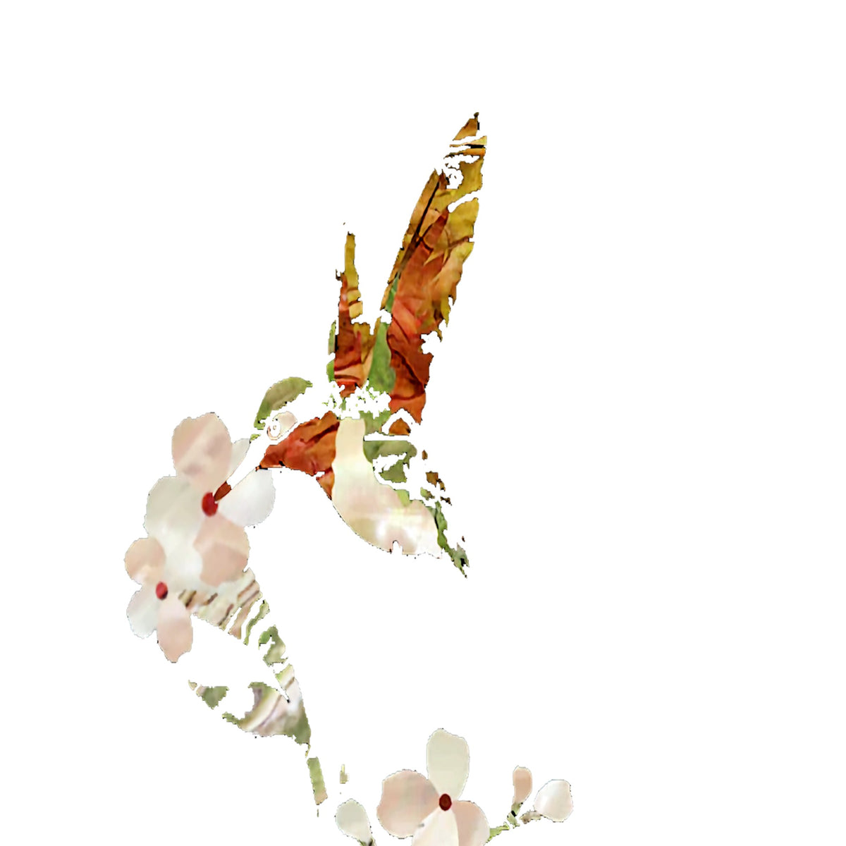 Mother-of-pearl hummingbird and blossom inlay used on the ebony fretboard of the Willow Creek Hummingbird Elite.