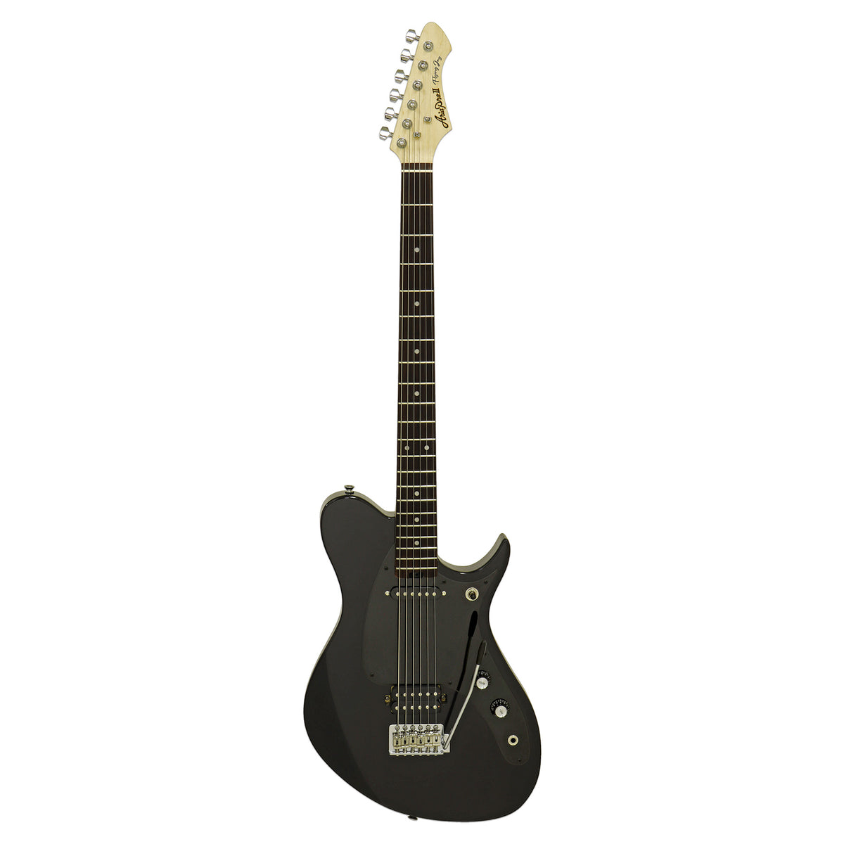 Aria J-B'tone baritone electric guitar in black with an offset body, full-length front view