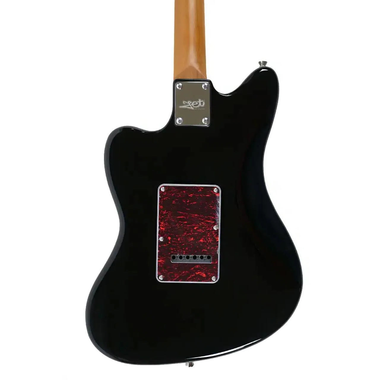 Back of a black Jet JJ-300 P90 offset electric guitar with a red tortoise shell tremolo cover.