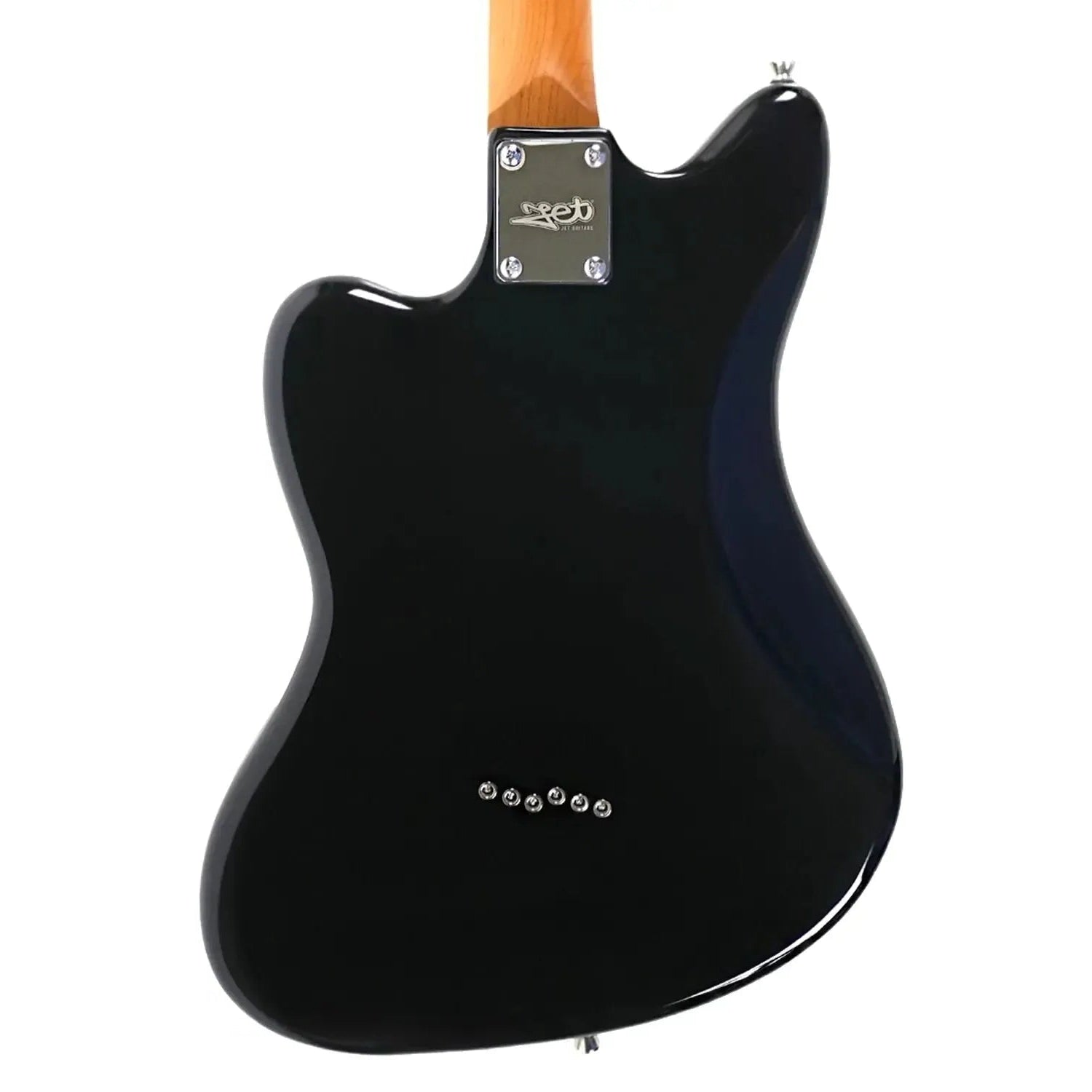 Back of a gloss black Jet JJ-350 BK offset electric guitar with a natural wood neck.