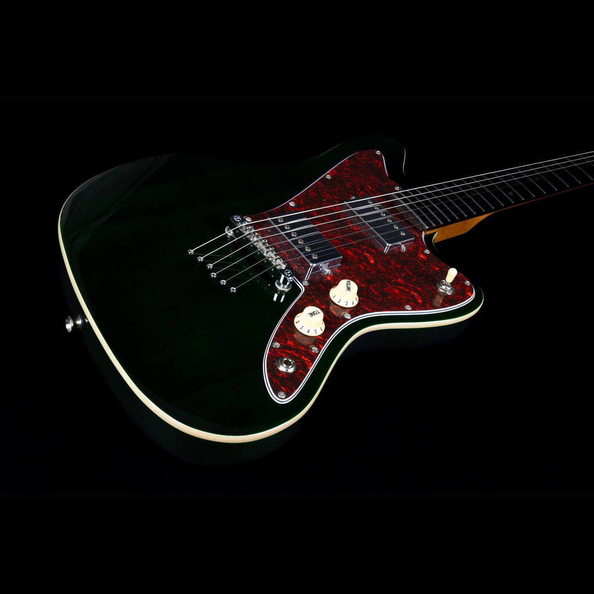 Jet JJ-350 GR R green offset electric guitar body angled view with two humbucker pickups and chrome bridge.