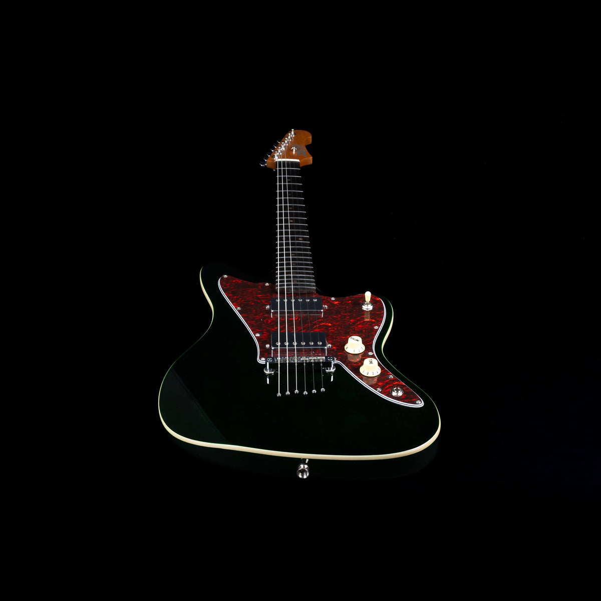 Jet JJ-350 GR R headstock and rosewood fretboard with chrome tuners and roasted maple neck.