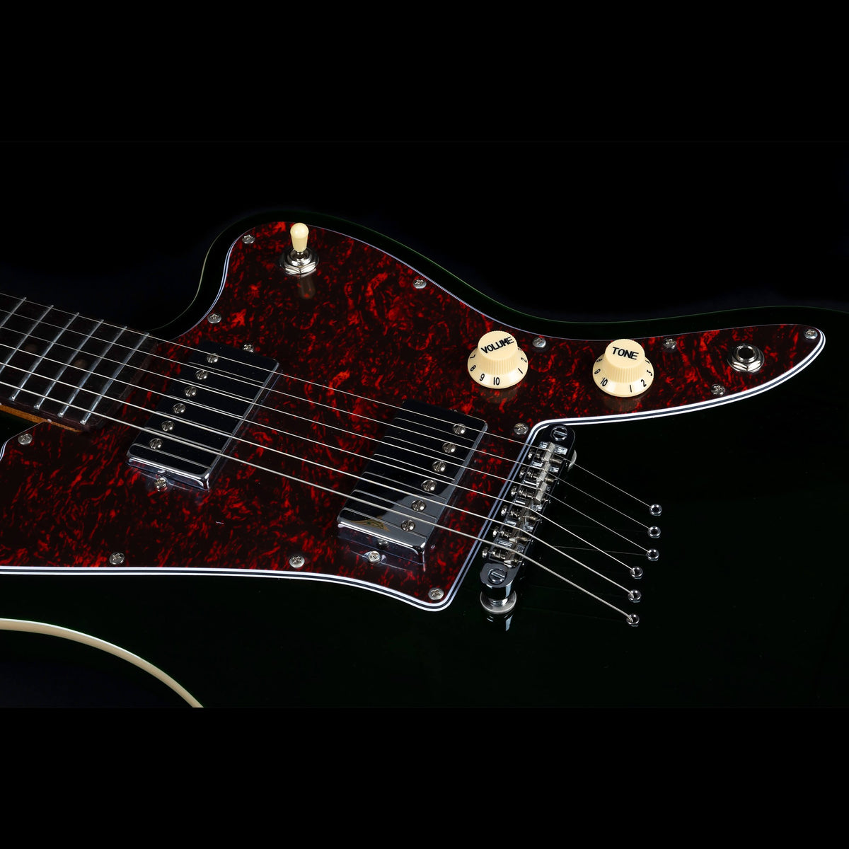Jet JJ-350 GR R roasted maple headstock with six chrome tuners and silver logo.