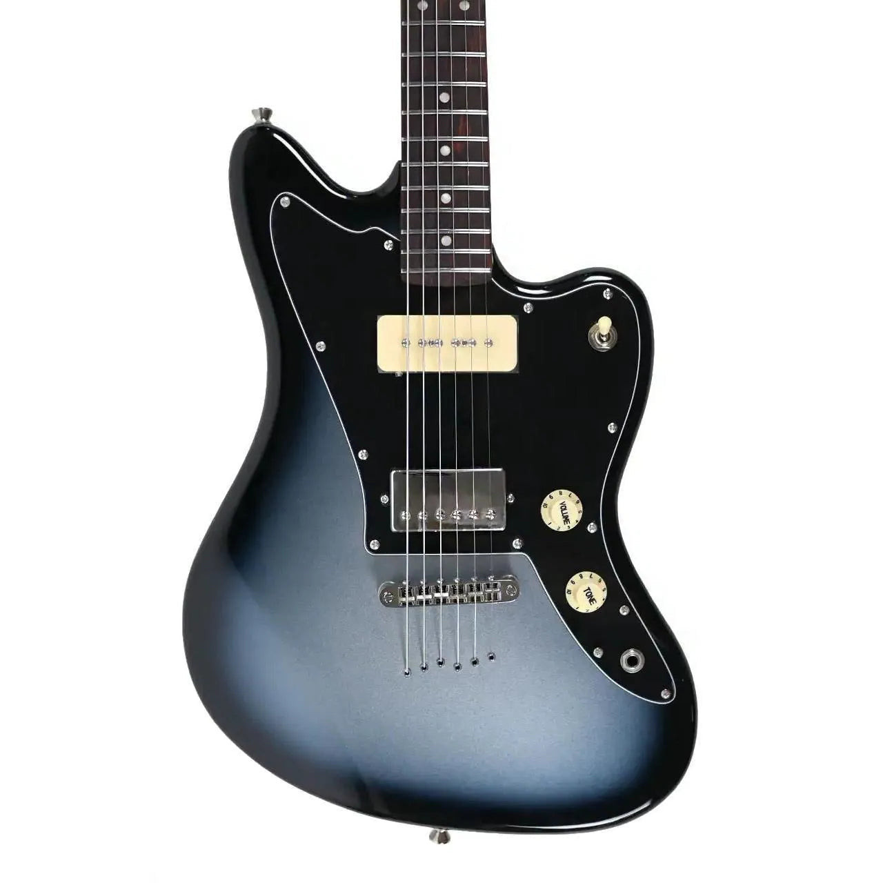 Jet JJ-350 MB Baritone Moonburst electric guitar with black pickguard, HH ceramic, and P90 pickups.