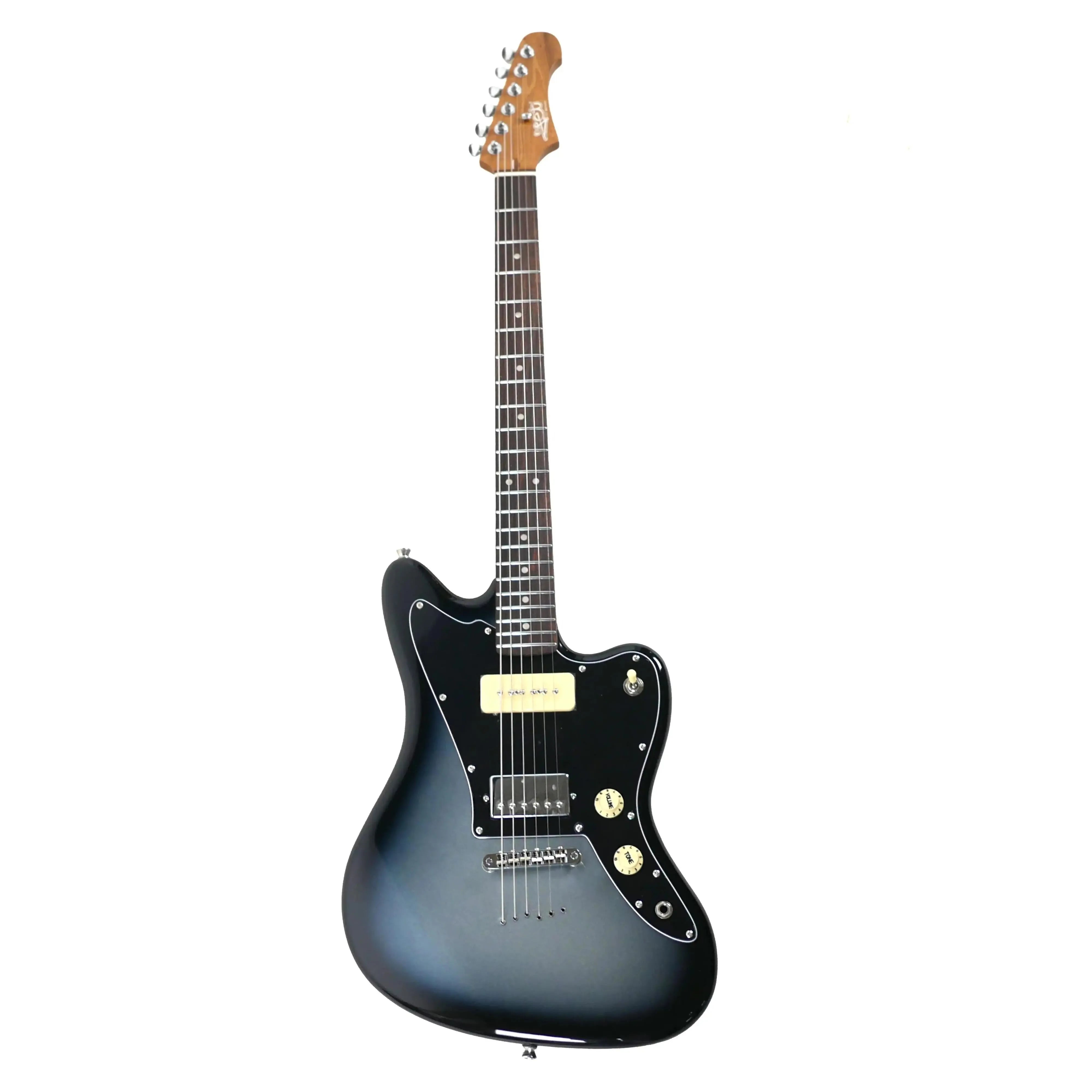 Jet JJ-350 MB Baritone Moonburst electric guitar with black body, rosewood fretboard, and HH ceramic pickups.