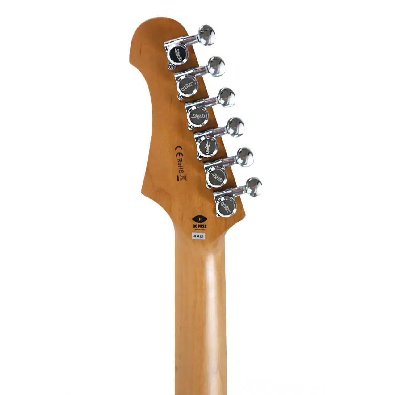 Jet JJ-350 MB Baritone Moonburst electric guitar headstock with 6 chrome tuners and maple neck.