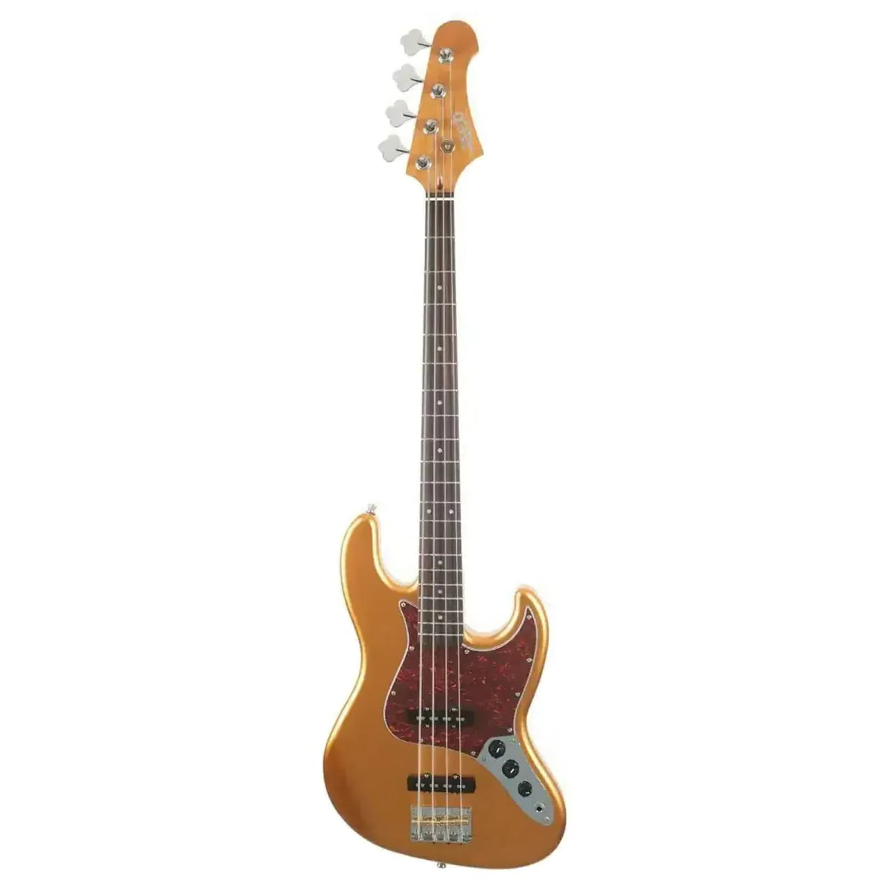 Jet JJB-300 GD R Gold solid body electric bass with red tortoise pickguard and chrome hardware.