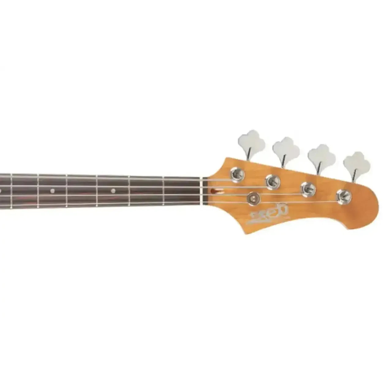 Jet JJB-300 GD R Gold Electric Bass headstock with natural wood finish, chrome tuners, and dark fretboard.