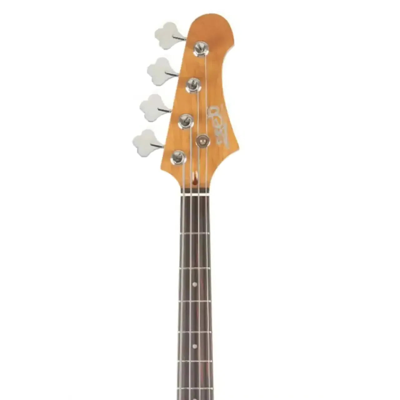 Jet JJB-300 GD R Gold Electric Bass headstock with natural wood finish, chrome tuners, and dark fretboard.