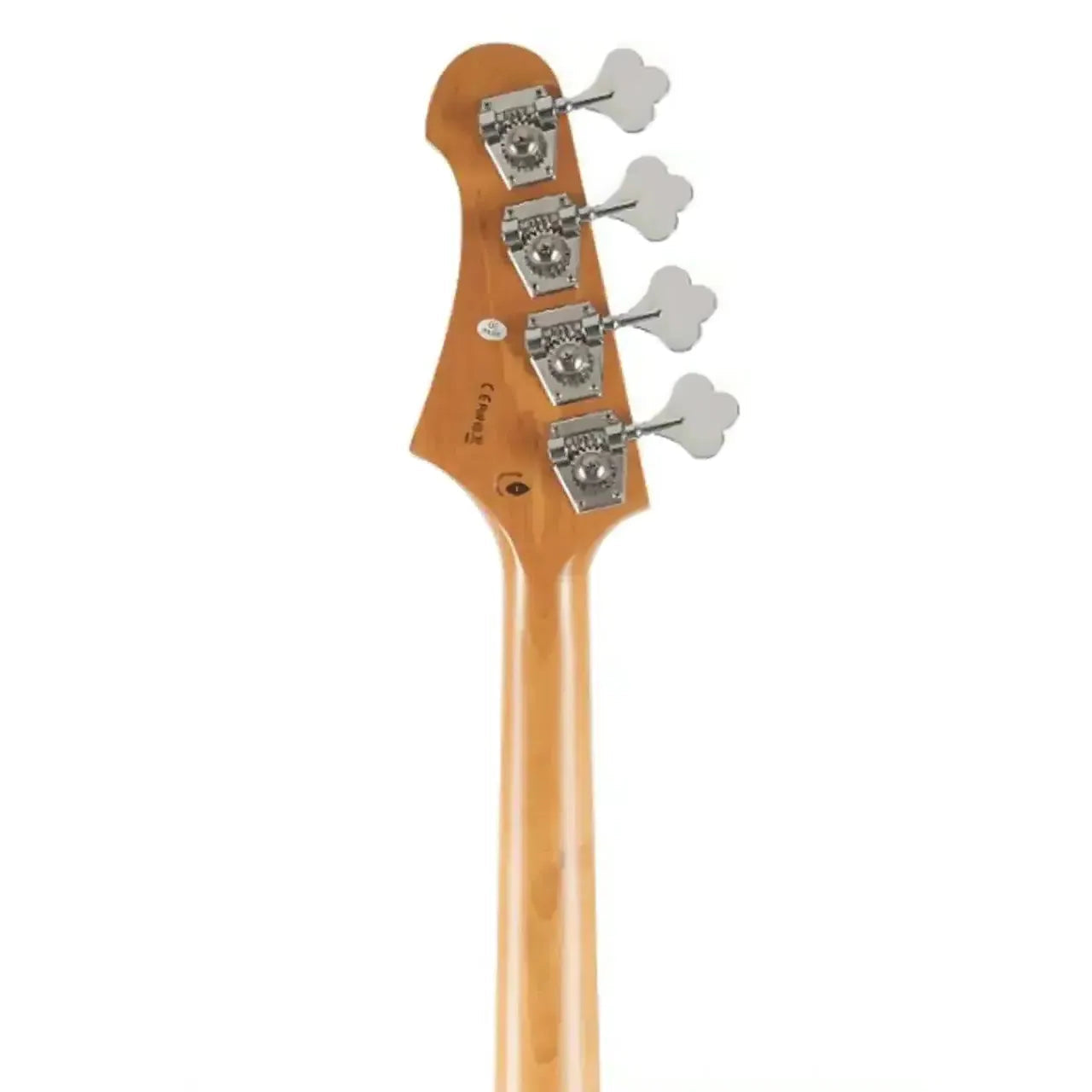 Back of Jet JJB-300 GD R Gold Electric Bass headstock with chrome vintage-style tuners.