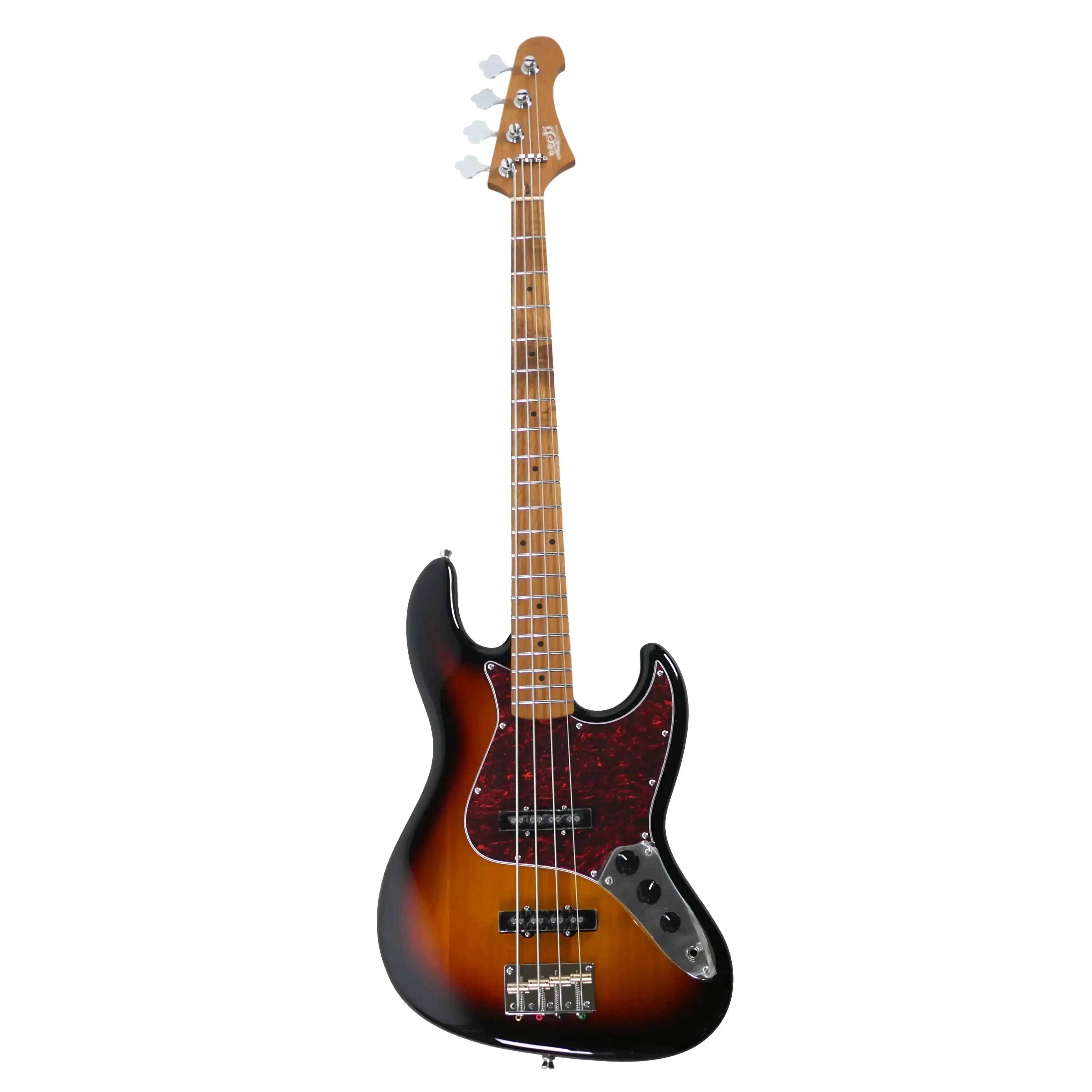 Jet JJB-300 SB Sunburst solid body electric bass with roasted poplar body and maple fretboard.