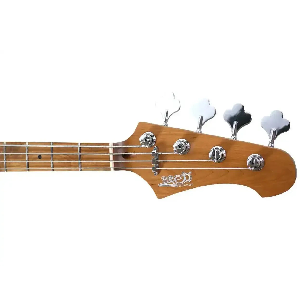 Jet JJB-300 SB electric bass headstock with roasted maple, chrome tuners, and Jet Guitars logo.