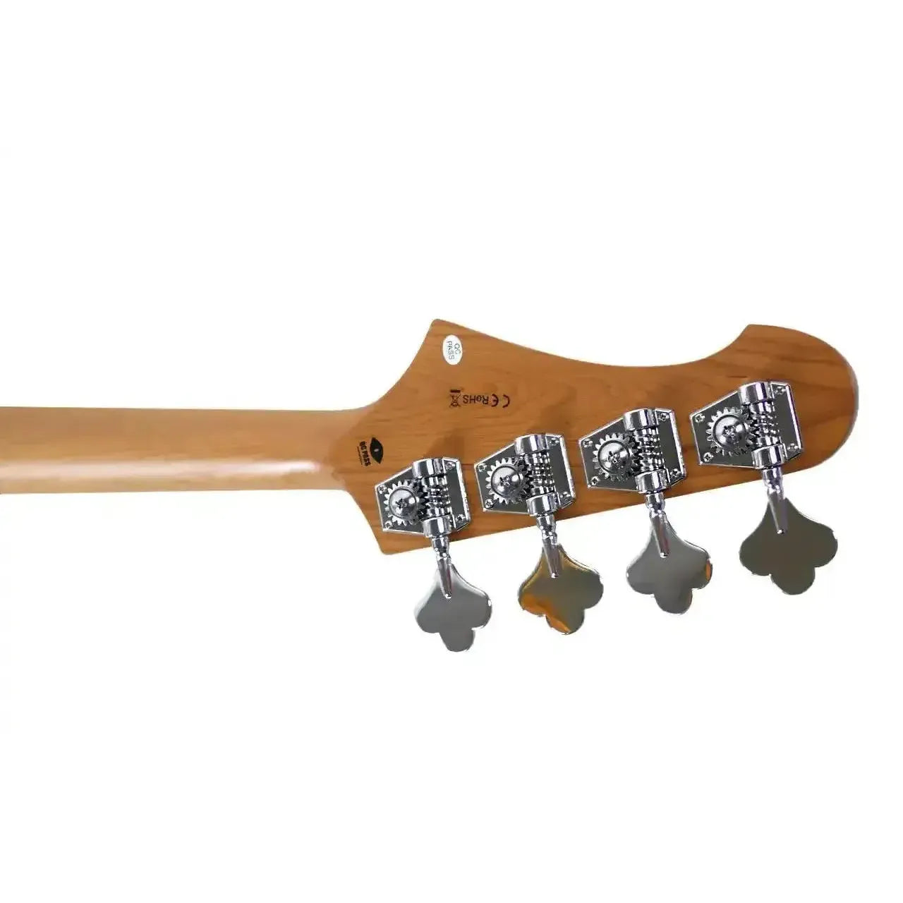 Jet JJB-300 SB electric bass headstock with roasted maple neck and chrome vintage-style tuners.