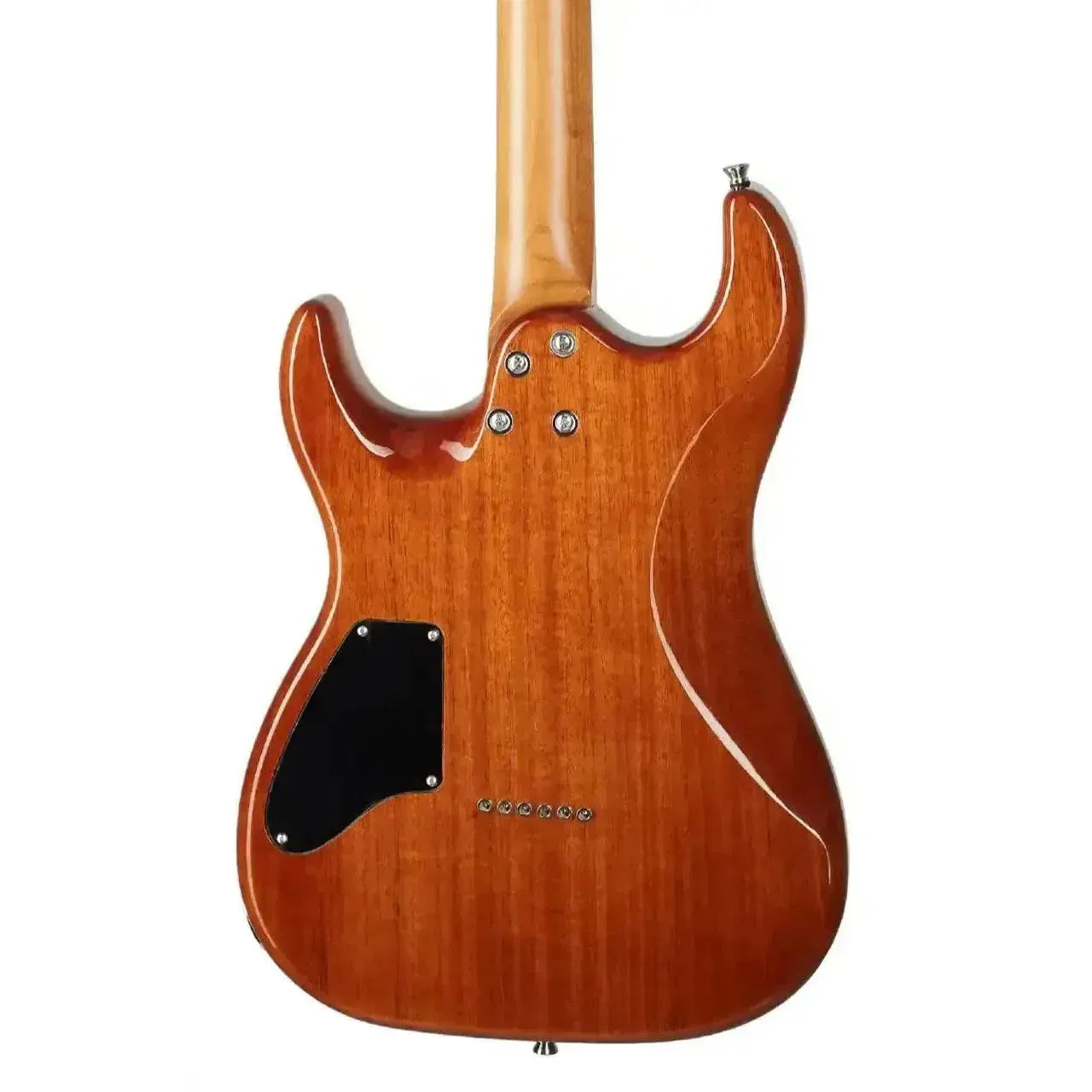Back of a Jet JS-1000 electric guitar with a warm brown mahogany body and roasted maple neck.