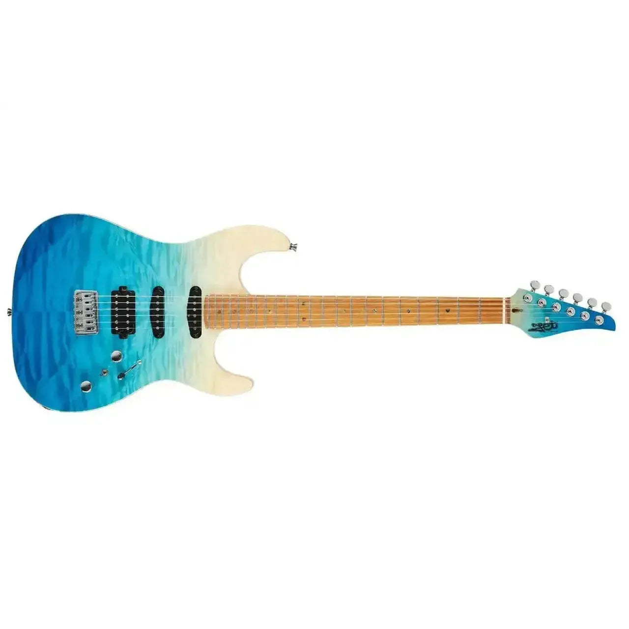 Jet JS-1000 QTBL Stratocaster electric guitar with quilted transparent blue to white fade finish, roasted maple neck.