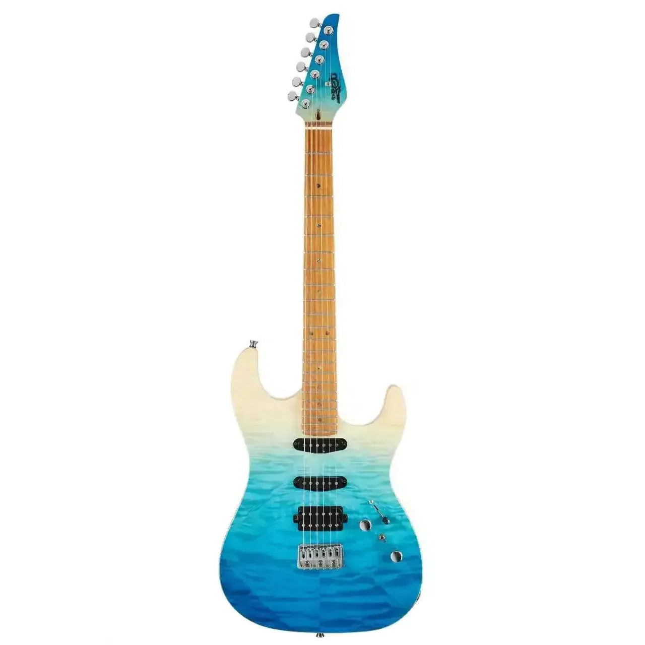 Jet JS-1000 QTBL Stratocaster electric guitar with quilted transparent blue to white fade finish, roasted maple neck.