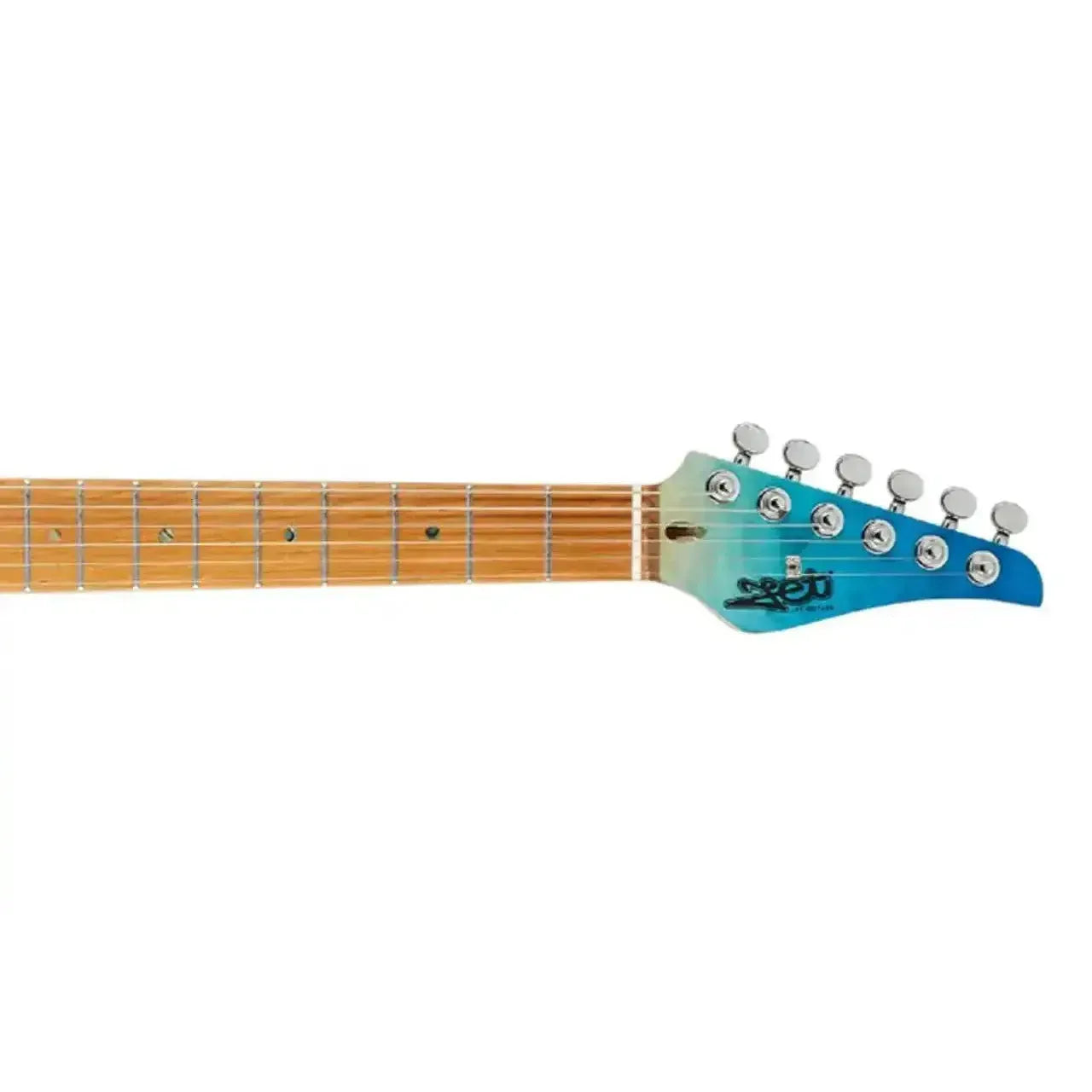 Jet JS-1000 QTBL electric guitar headstock and roasted maple neck with chrome locking tuners.