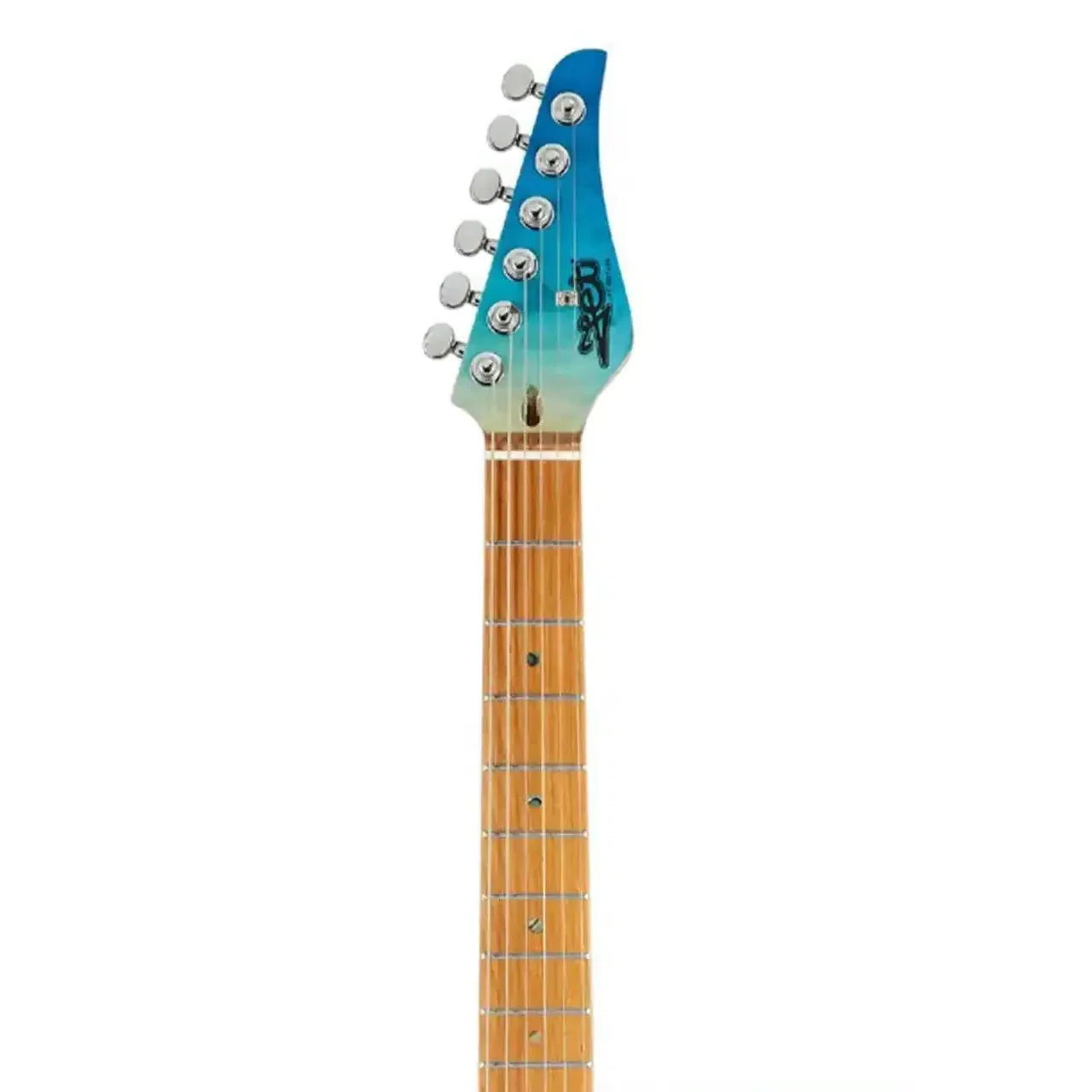 Jet JS-1000 QTBL electric guitar headstock and roasted maple neck with chrome locking tuners.