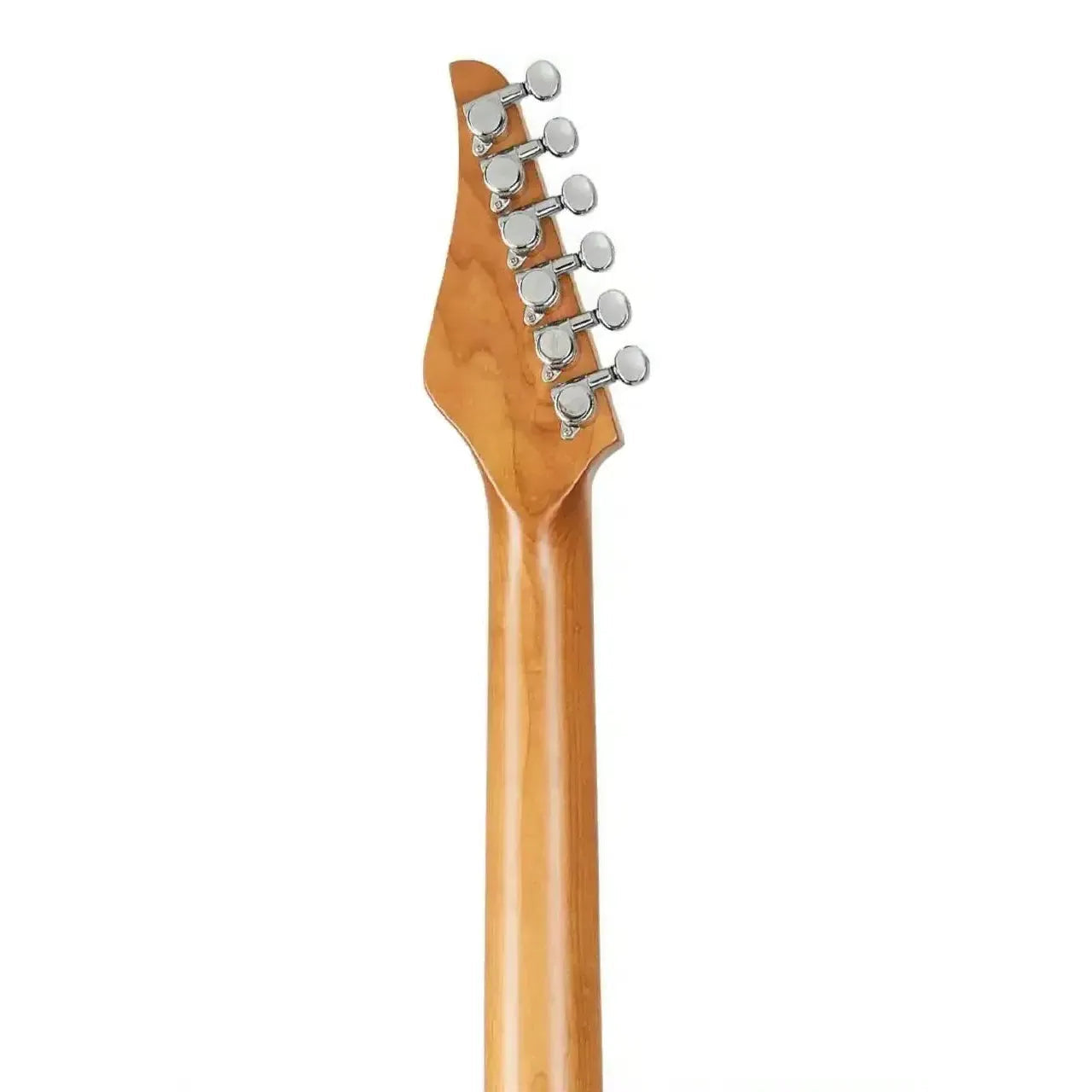 Jet JS-1000 QTBL electric guitar's roasted maple neck and headstock with chrome locking tuners.