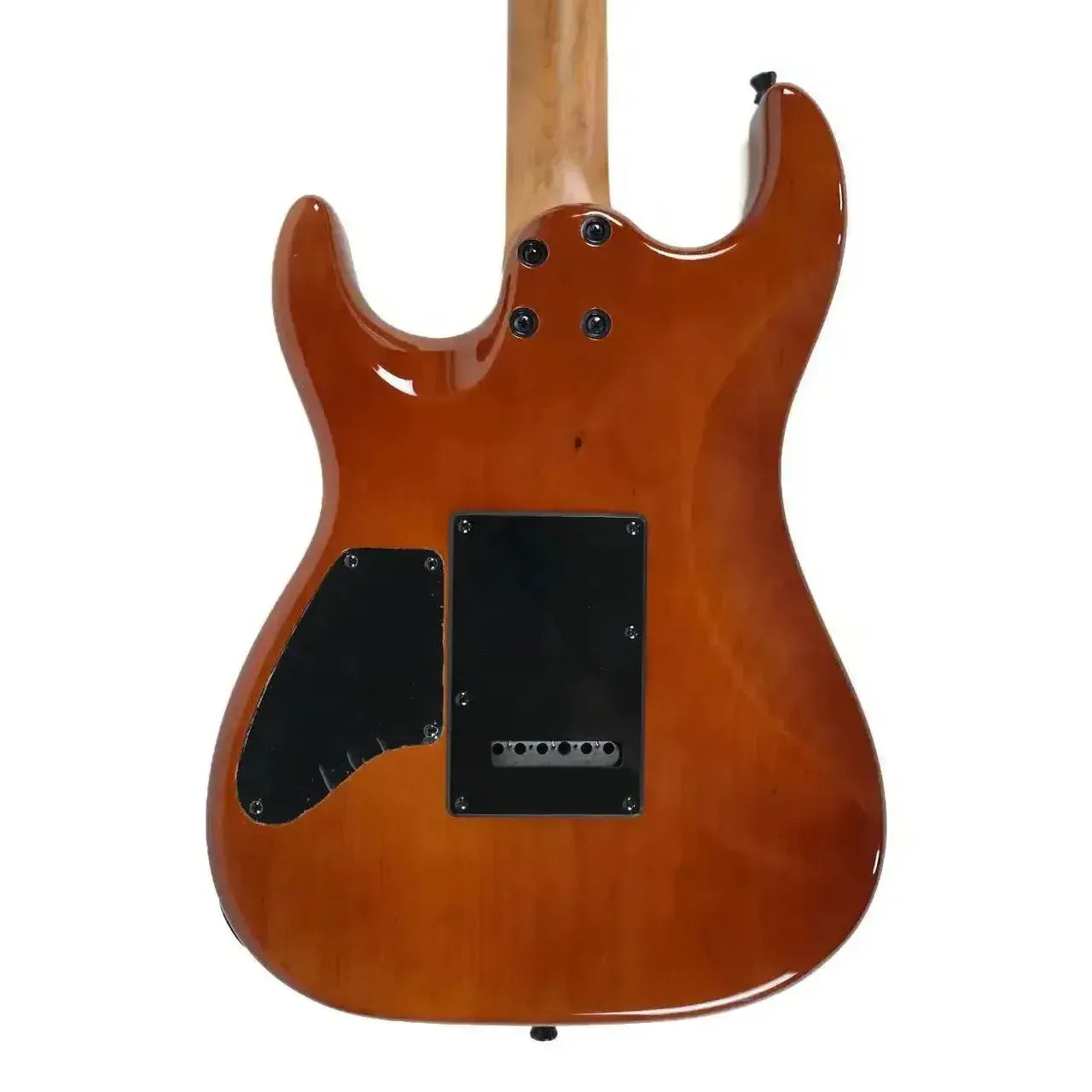 Back of a Jet JS-1000 Vulcano Stratocaster electric guitar with a flamed transparent red finish.
