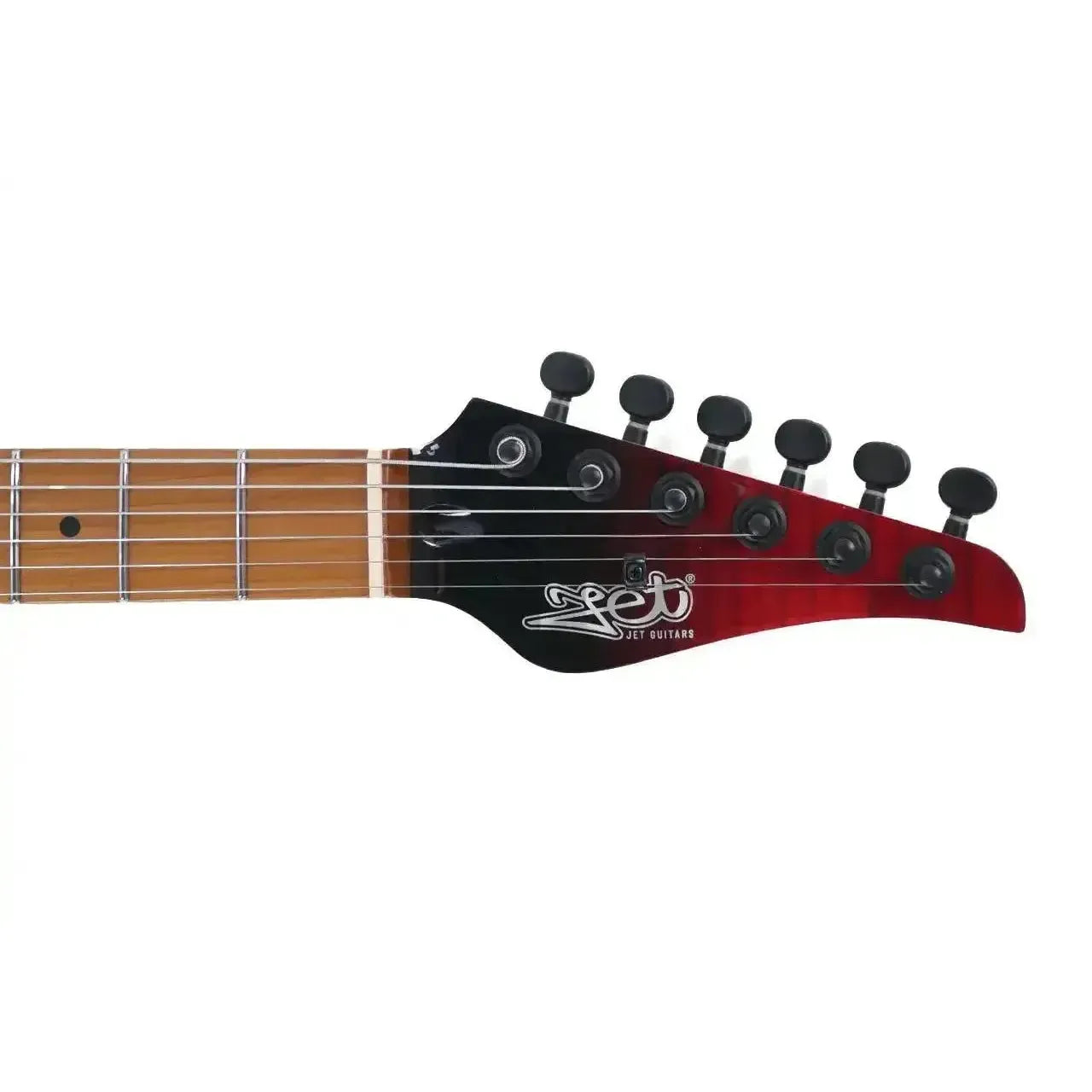 Jet JS-1000 Vulcano electric guitar headstock with black and transparent red flamed finish, black tuners, and roasted maple fretboard.