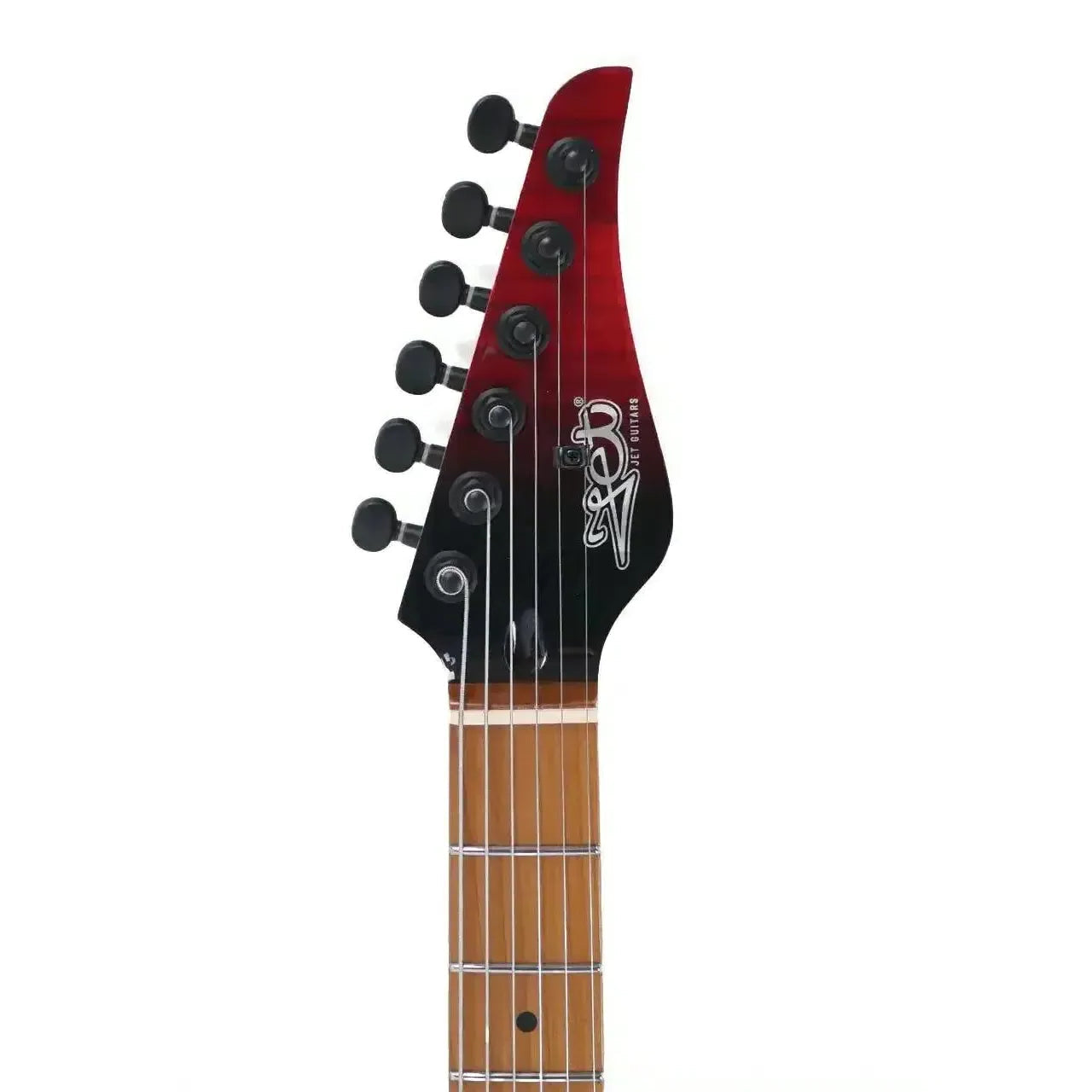 Jet JS-1000 Vulcano electric guitar headstock with black and transparent red flamed finish, black tuners, and roasted maple fretboard.