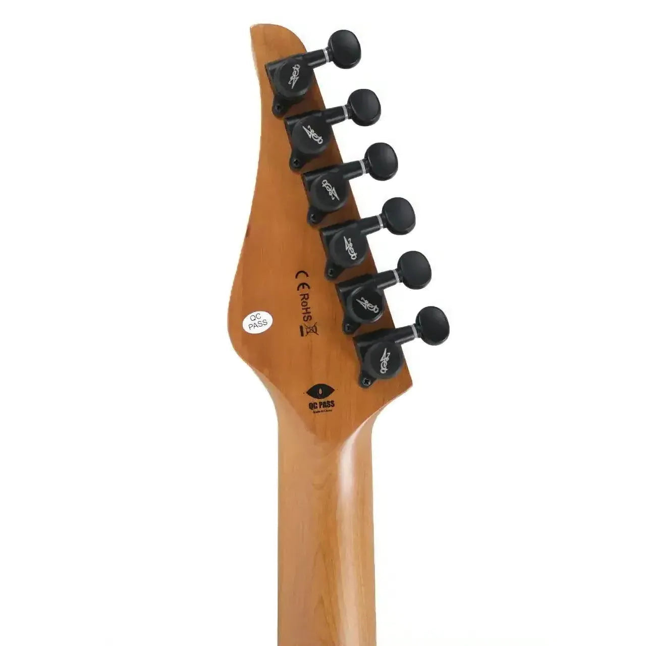 Back of a Jet JS-1000 Vulcano Stratocaster electric guitar headstock with 6 black locking tuners.