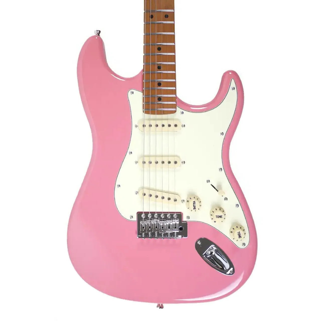Jet JS-300 BGD Burgundy Pink Stratocaster electric guitar with white pickguard and roasted maple neck.