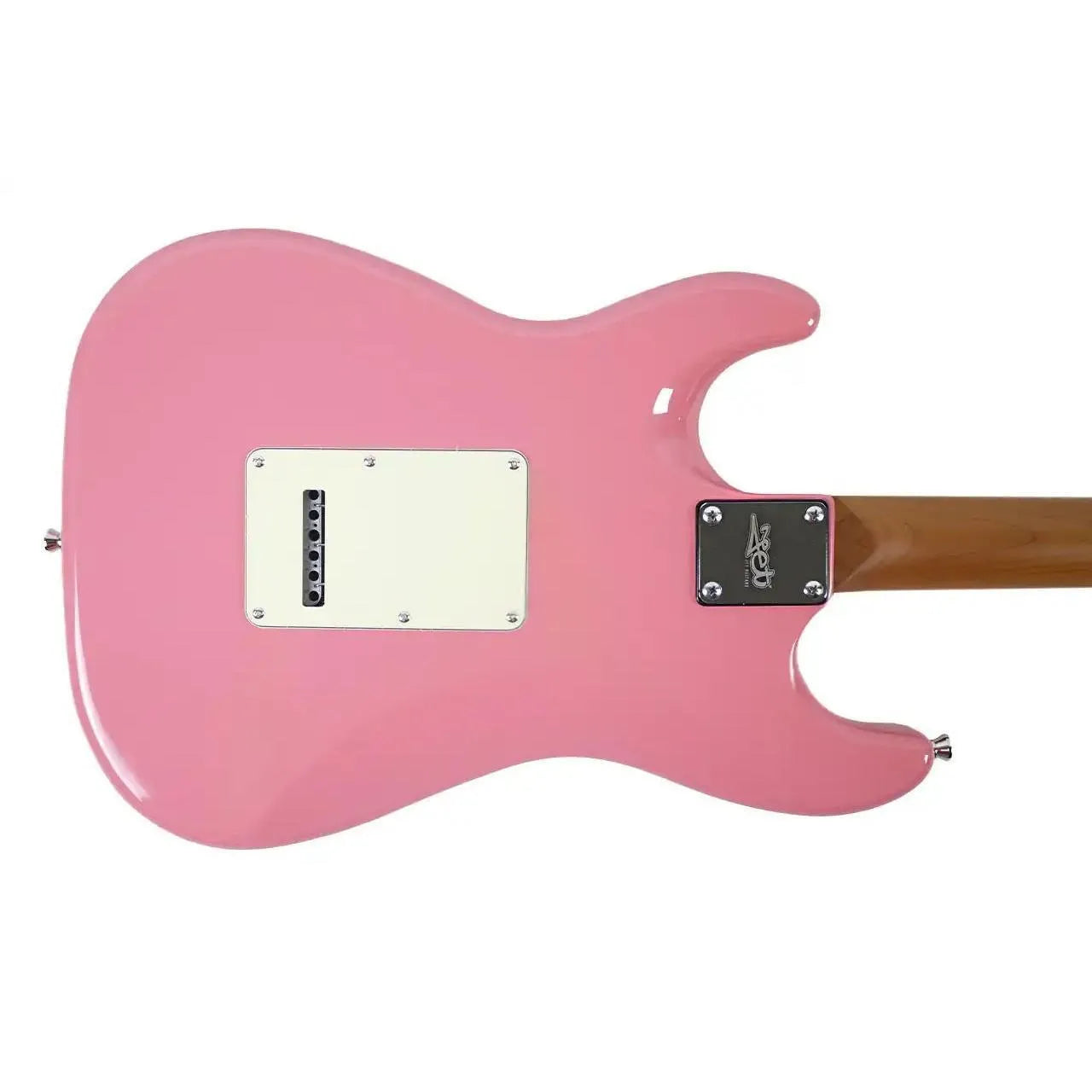 Back of a glossy pink Jet JS-300 Stratocaster electric guitar with a white tremolo cover and wooden neck.