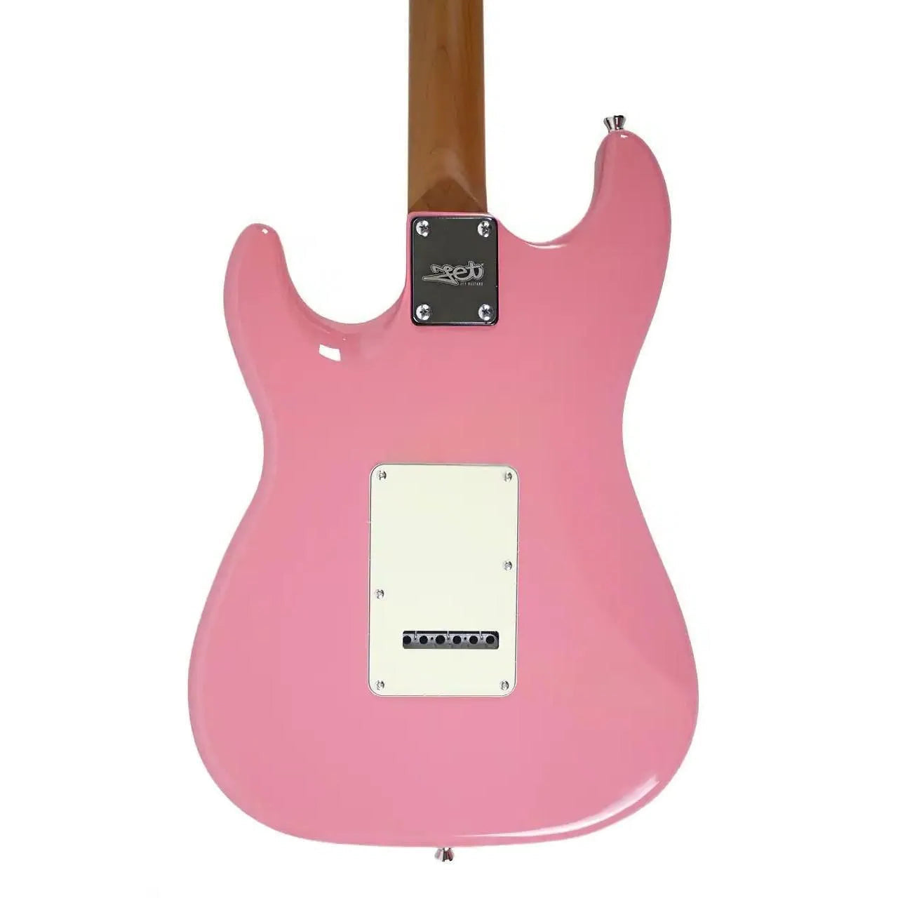 Back of a glossy pink Jet JS-300 Stratocaster electric guitar with a white tremolo cover and wooden neck.