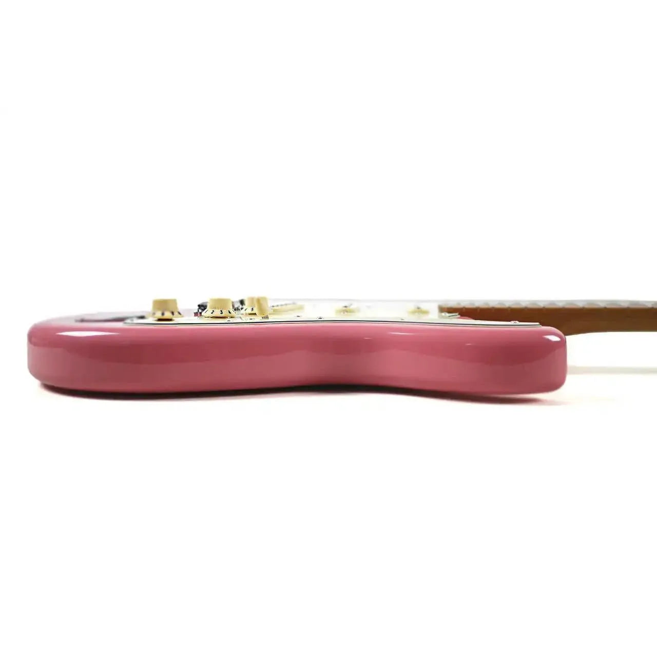 Jet JS-300 BGD Stratocaster electric guitar in burgundy pink, showing its solid body and controls.