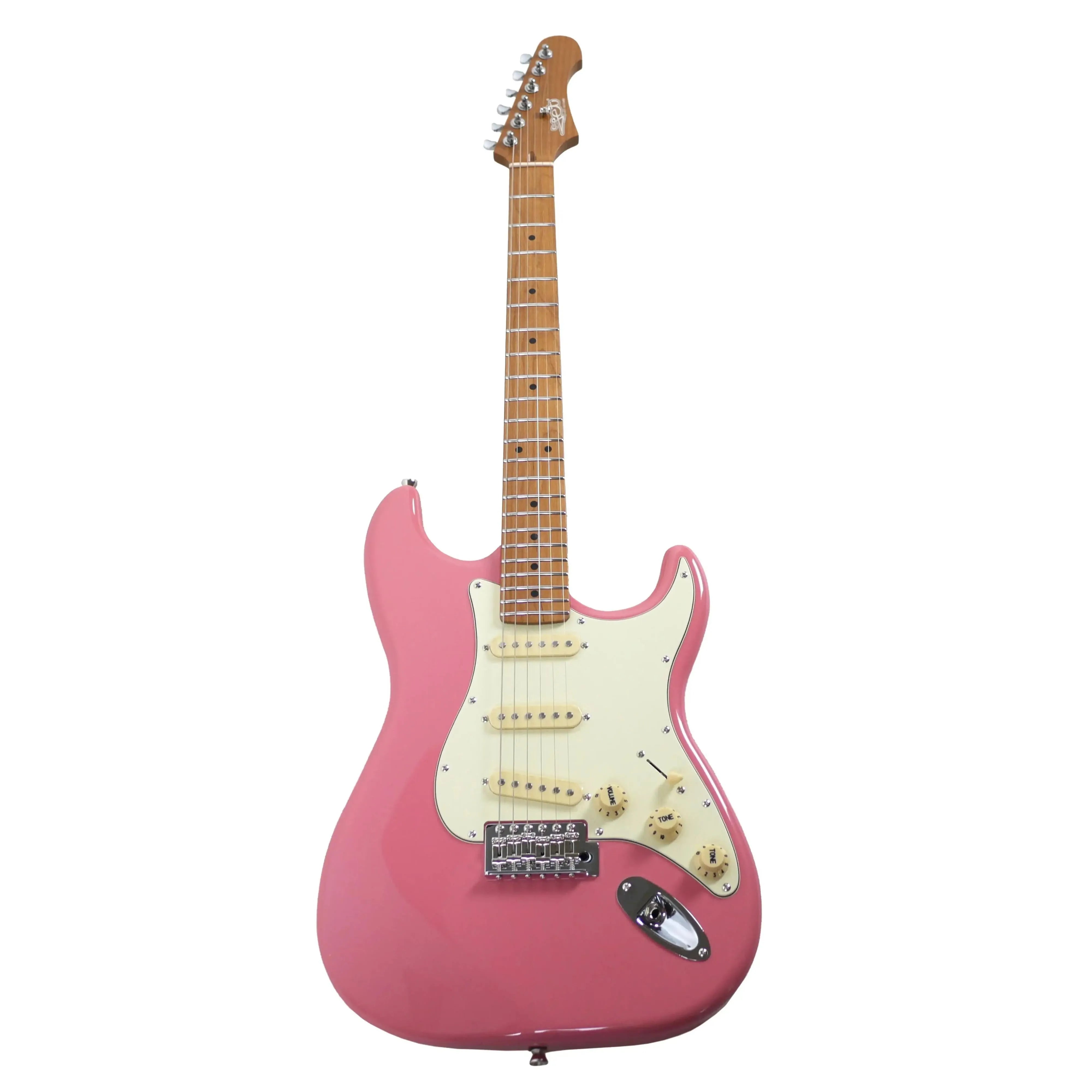 Jet JS-300 BGD Burgundy Pink Stratocaster electric guitar with roasted maple neck and white pickguard.