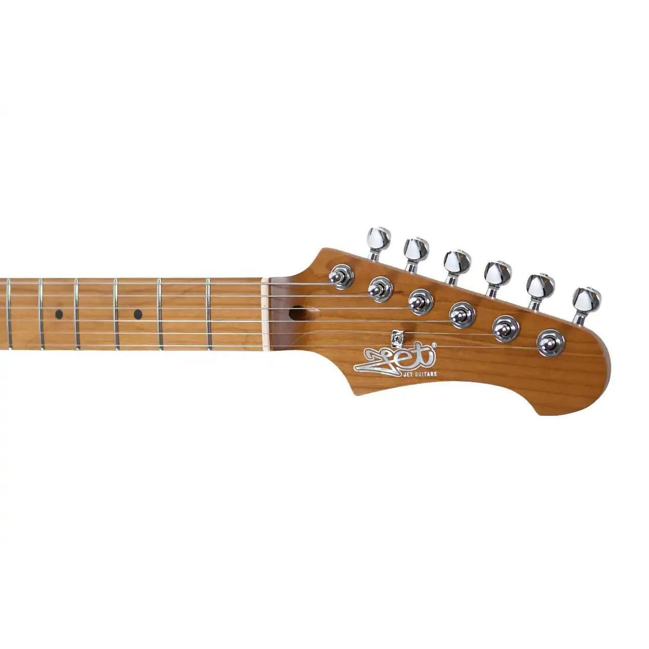 Jet JS-300 Stratocaster electric guitar headstock and roasted maple neck with chrome tuners.