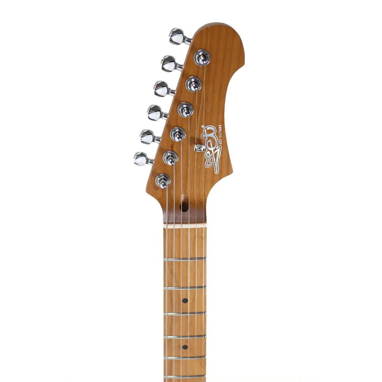 Jet JS-300 Stratocaster electric guitar headstock and roasted maple neck with chrome tuners.