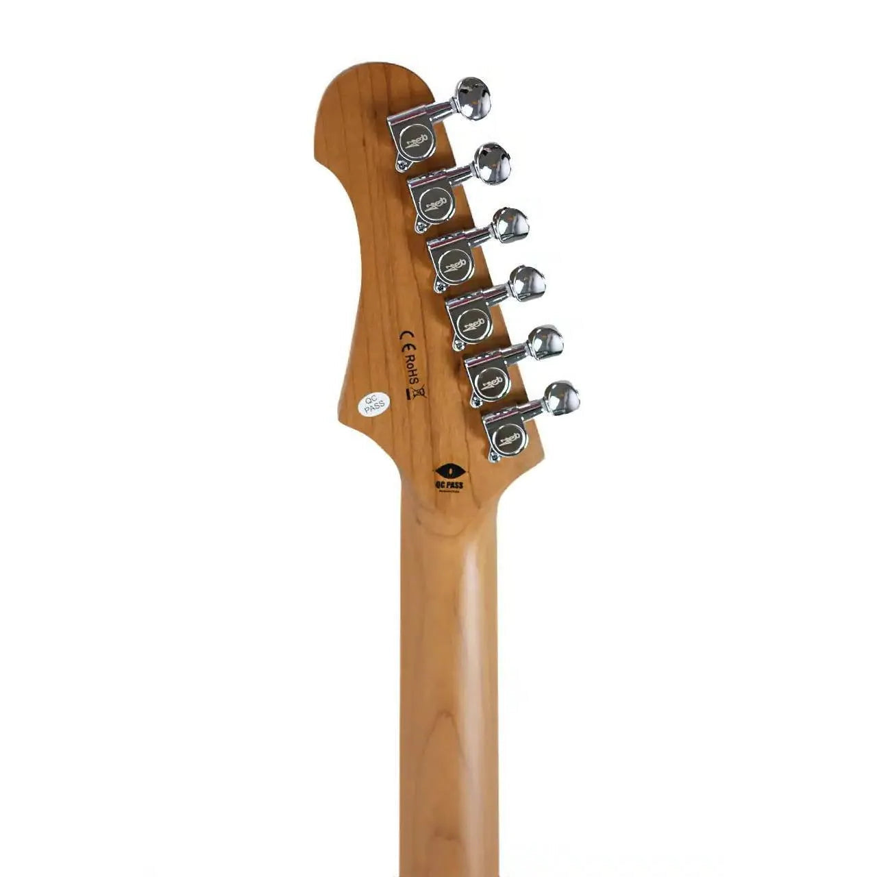 Jet JS-300 Stratocaster electric guitar headstock and neck, showing chrome tuners and natural wood finish.