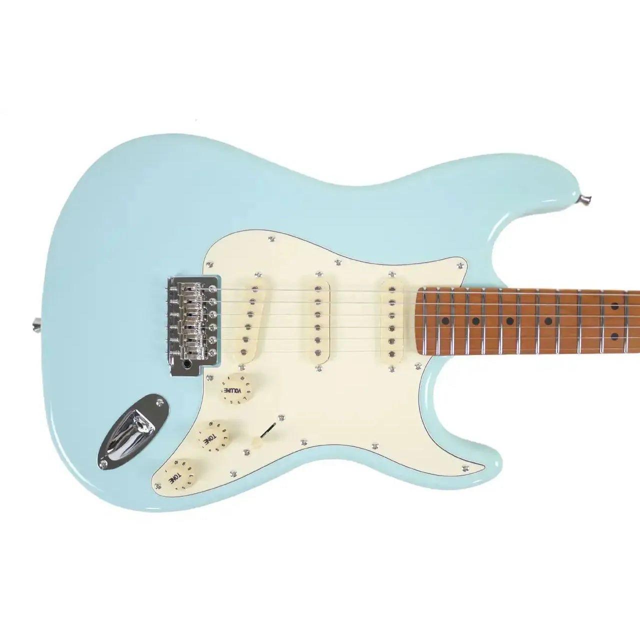 Jet JS-300 BL Sonic Blue Stratocaster electric guitar with cream pickguard and roasted maple neck.
