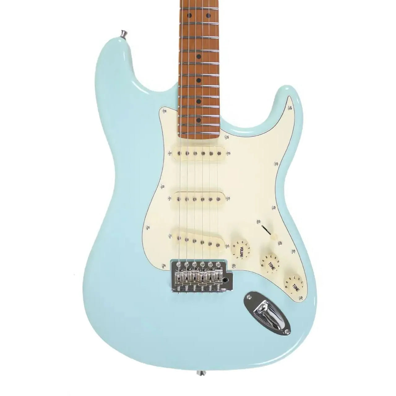 Jet JS-300 BL Sonic Blue Stratocaster electric guitar with cream pickguard and roasted maple neck.