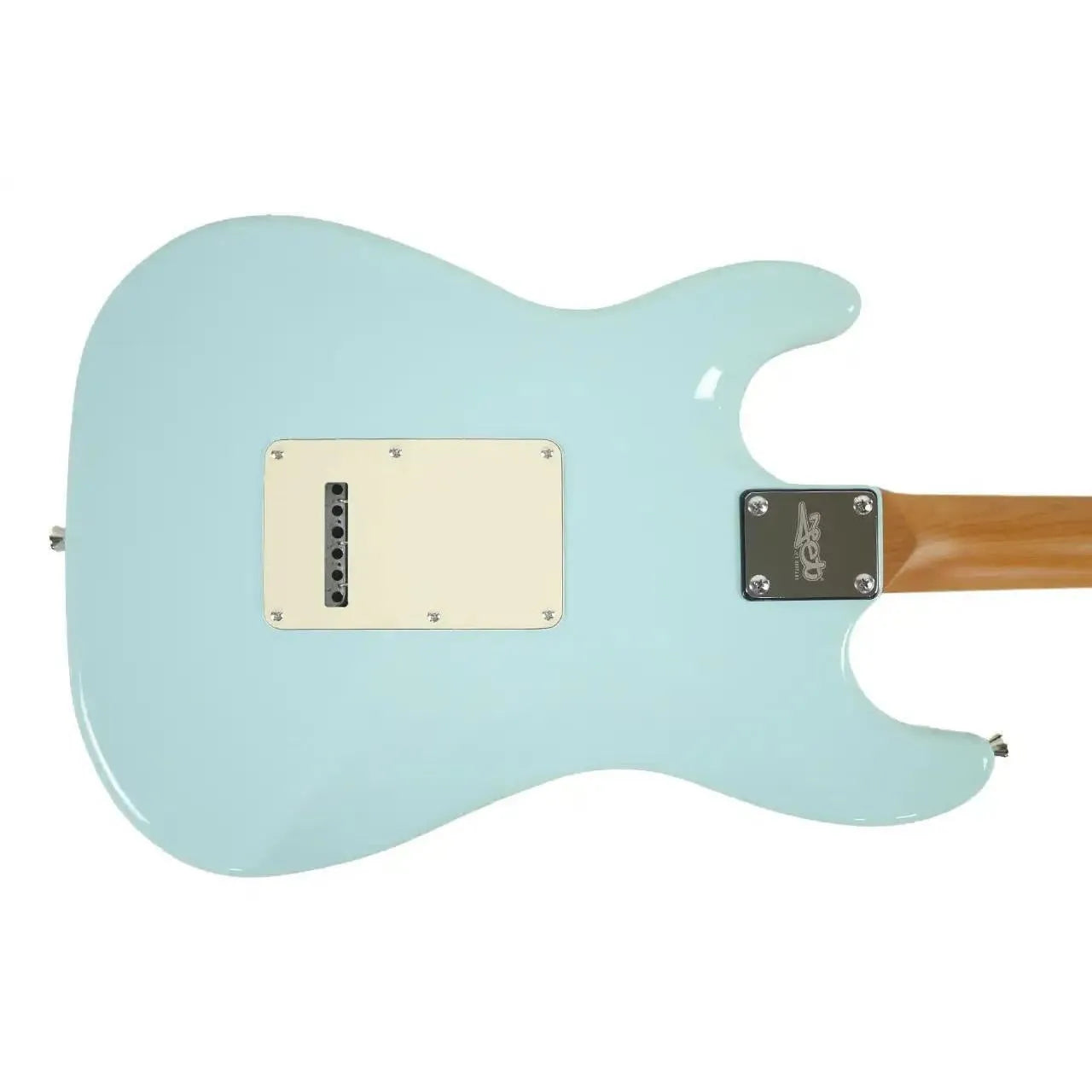 Back of a Jet JS-300 BL Stratocaster electric guitar in Sonic Blue with a cream tremolo cover.