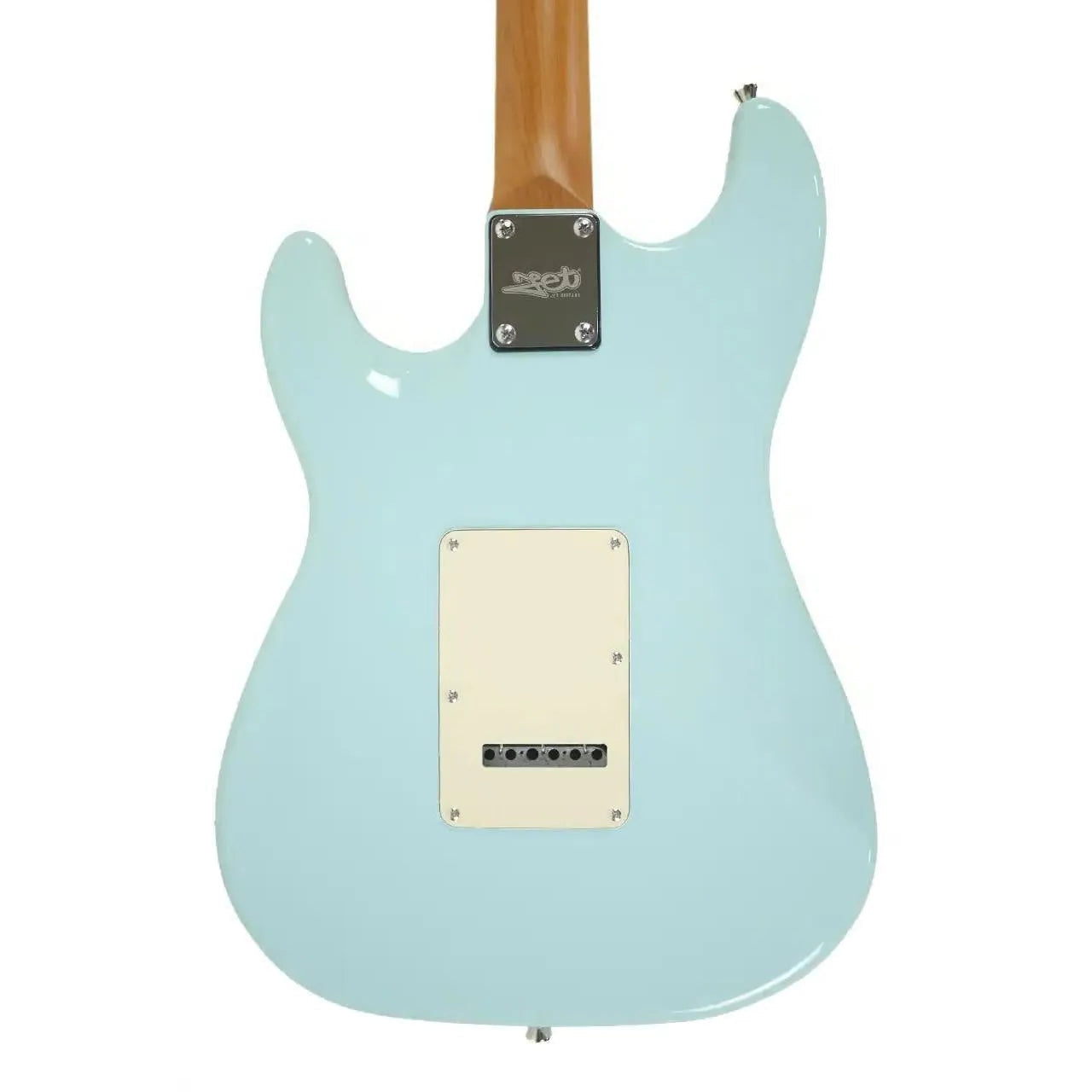 Back of a Jet JS-300 BL Stratocaster electric guitar in Sonic Blue with a cream tremolo cover.