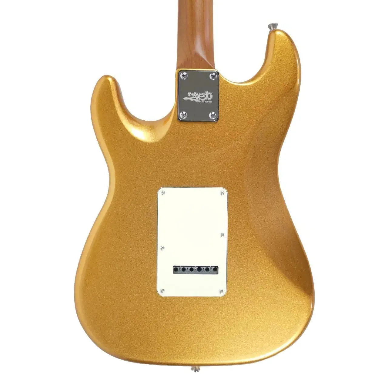Back of a gold Jet JS-300 Stratocaster electric guitar with a roasted maple neck and white tremolo cover.