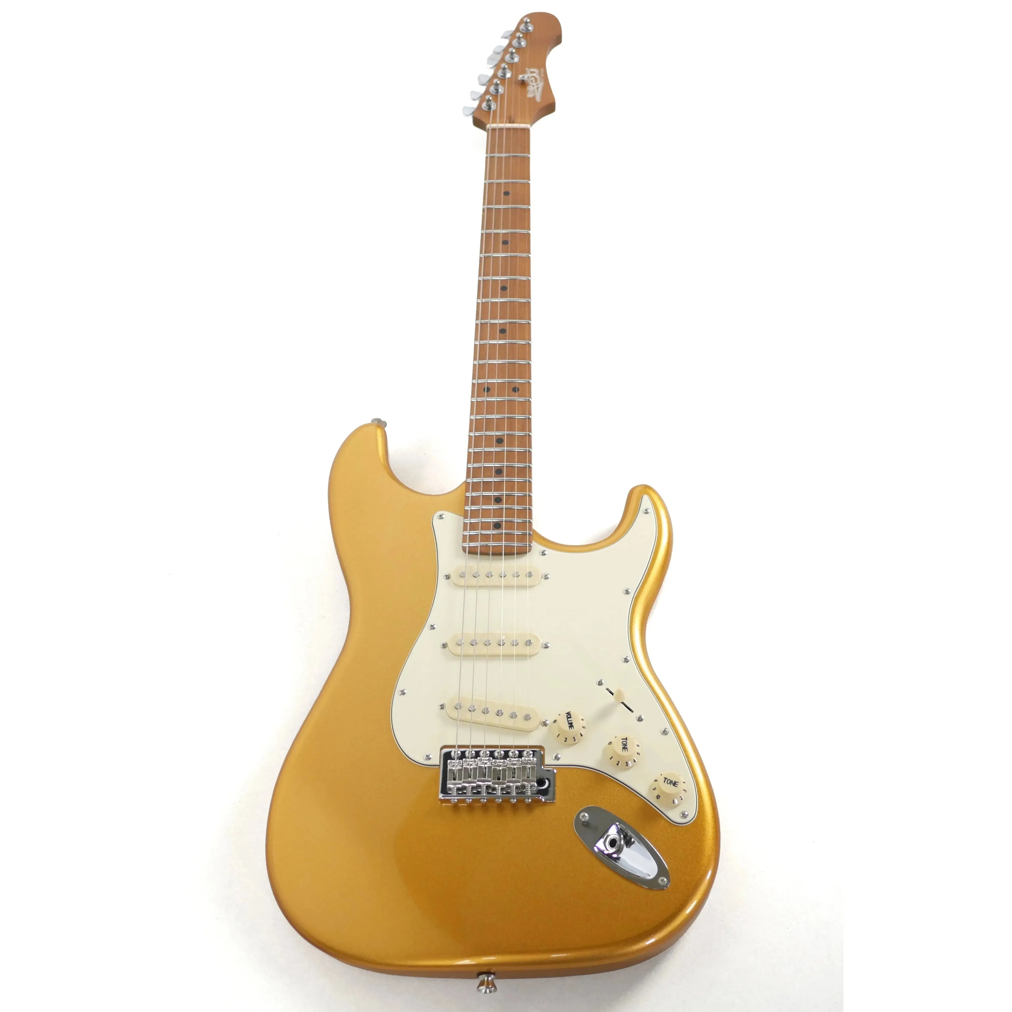 Jet JS-300 GD Gold Solid Body Stratocaster Electric Guitar with white pickguard and roasted maple neck.