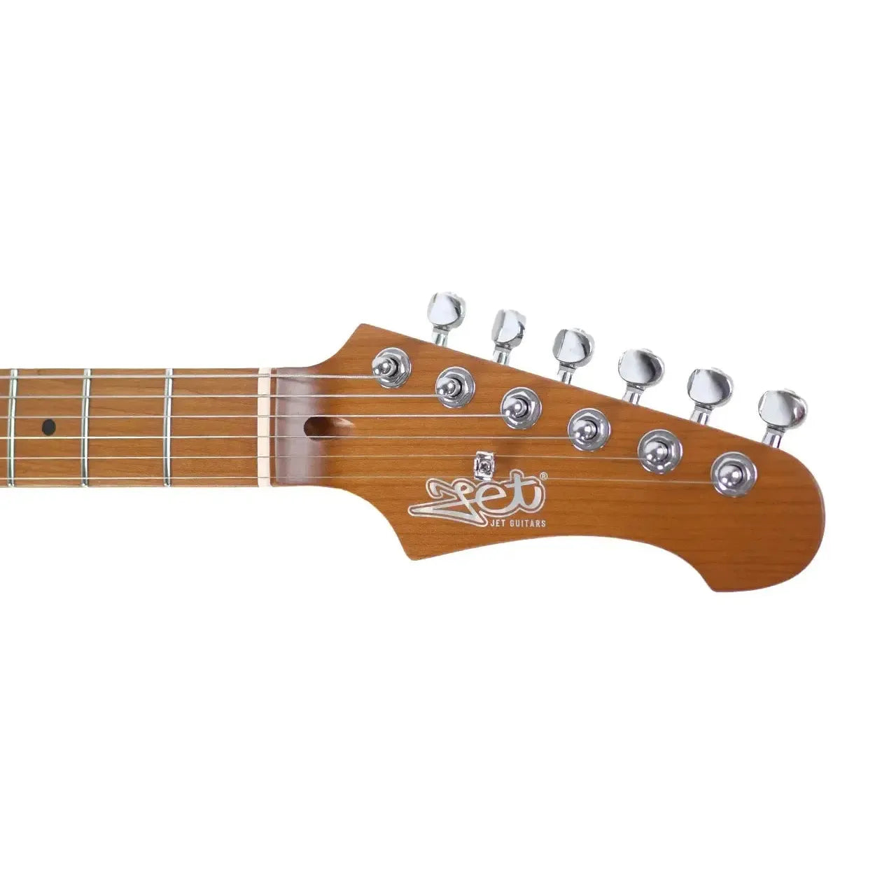 Jet JS-300 GD Gold Stratocaster electric guitar headstock with roasted maple neck and chrome tuners.