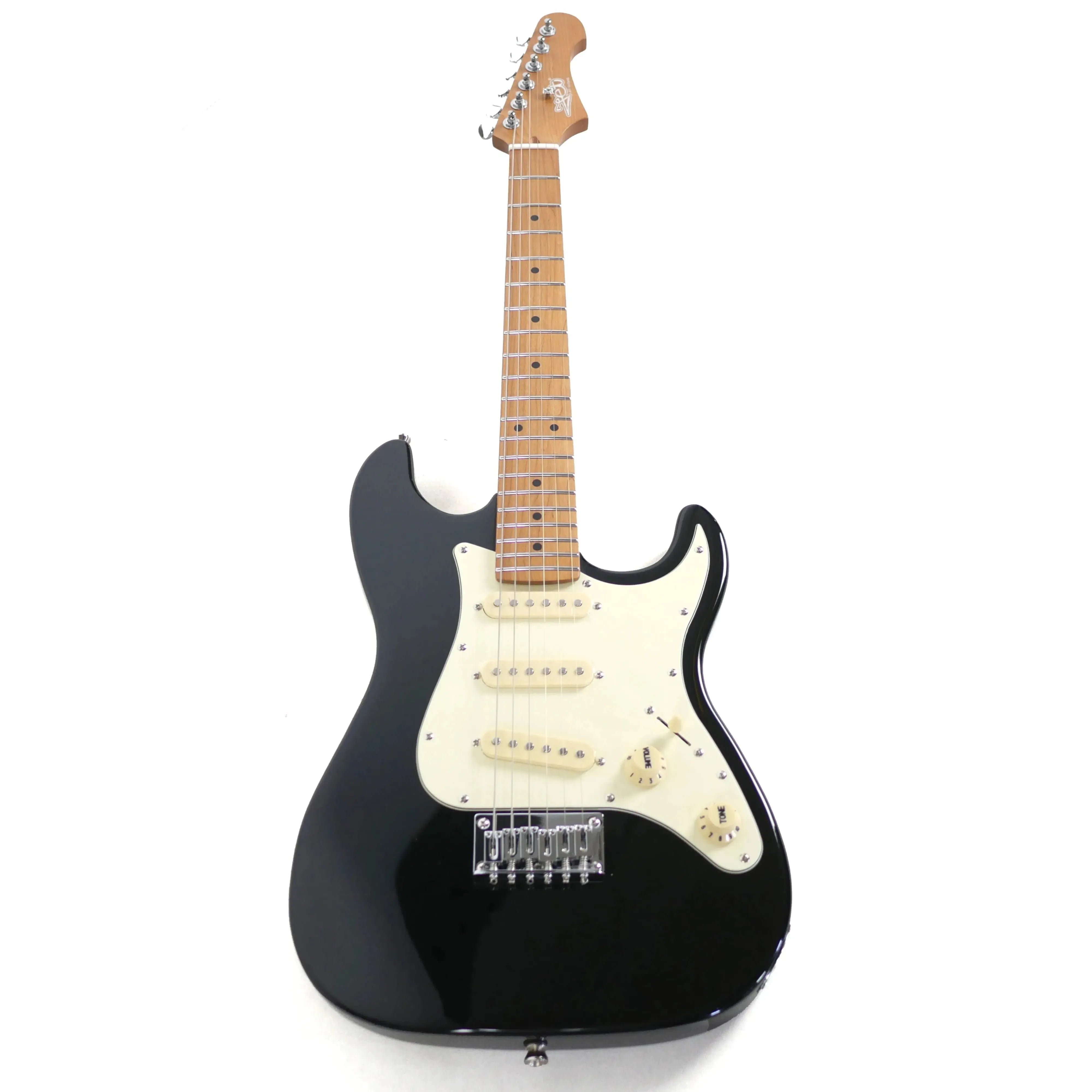 Jet JS-300 MINI BK black solid body Stratocaster electric guitar with a roasted maple neck and white pickguard.