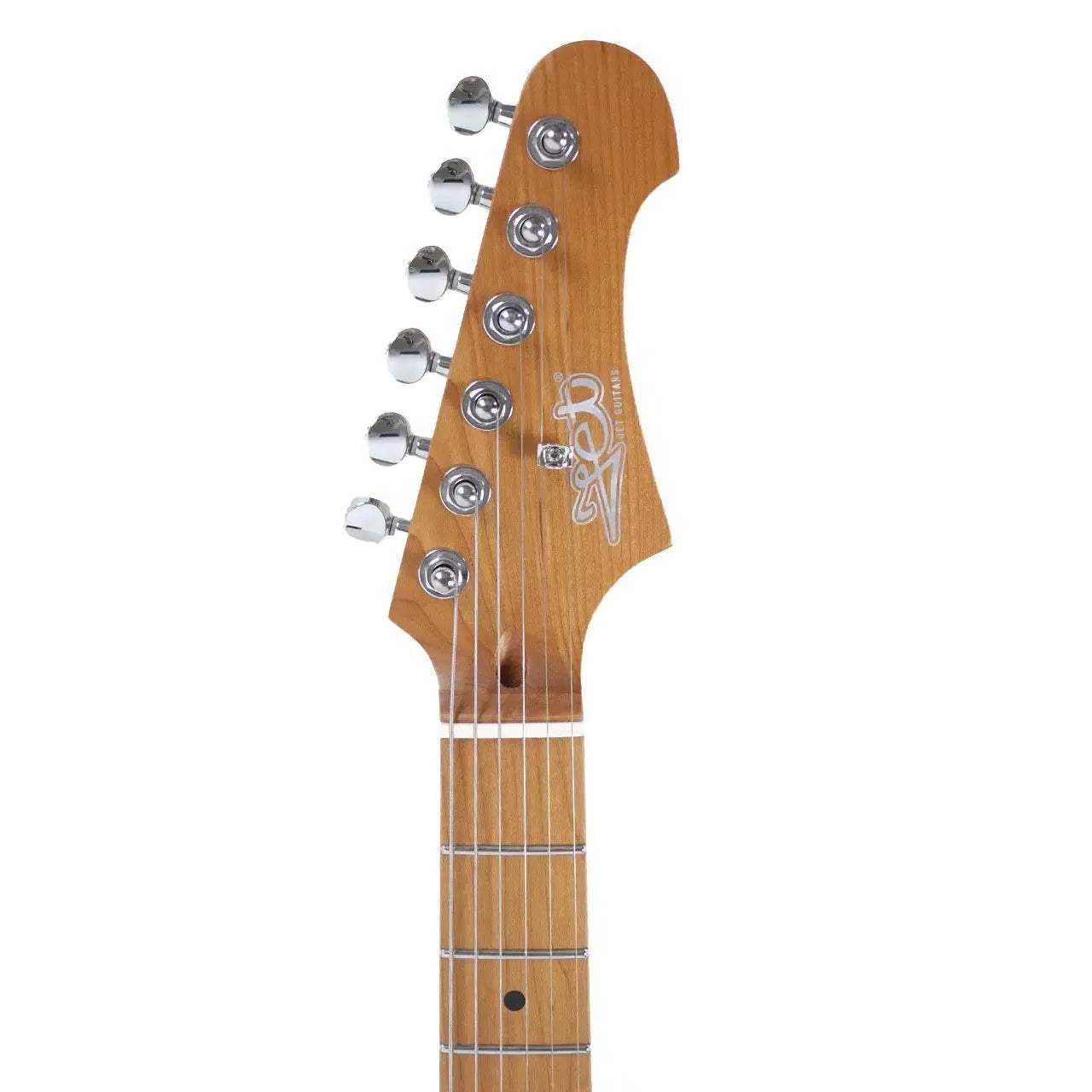 Jet JS-300 MINI BK electric guitar headstock with roasted maple neck and chrome tuners.