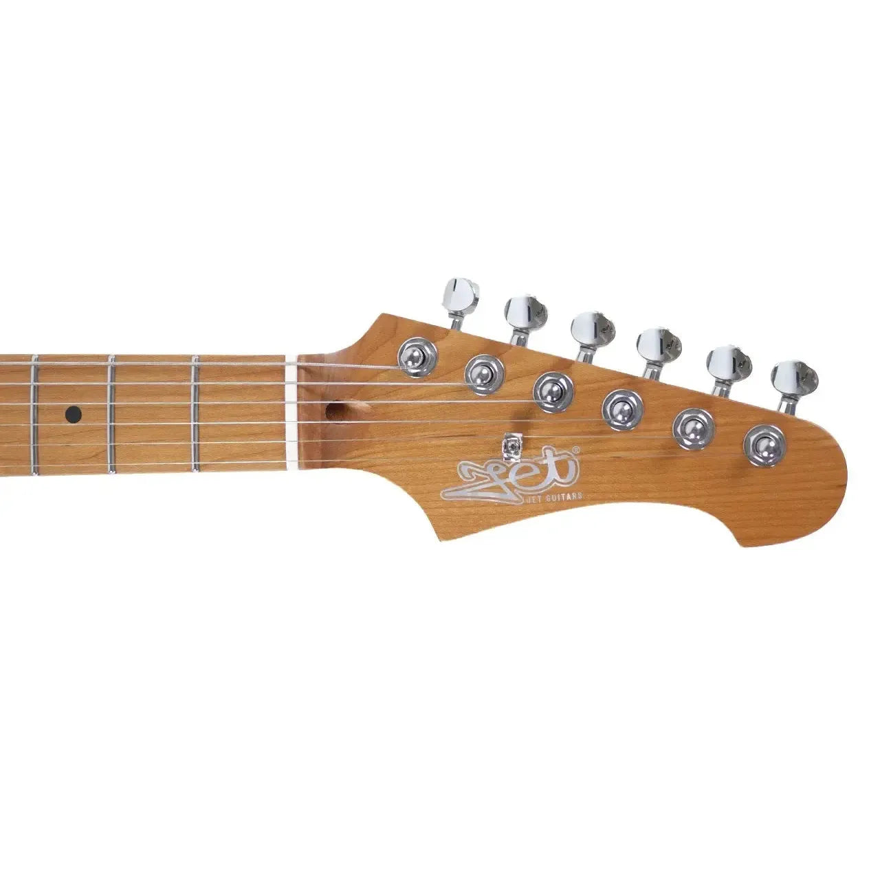 Jet JS-300 MINI BK electric guitar headstock with roasted maple neck and chrome tuners.
