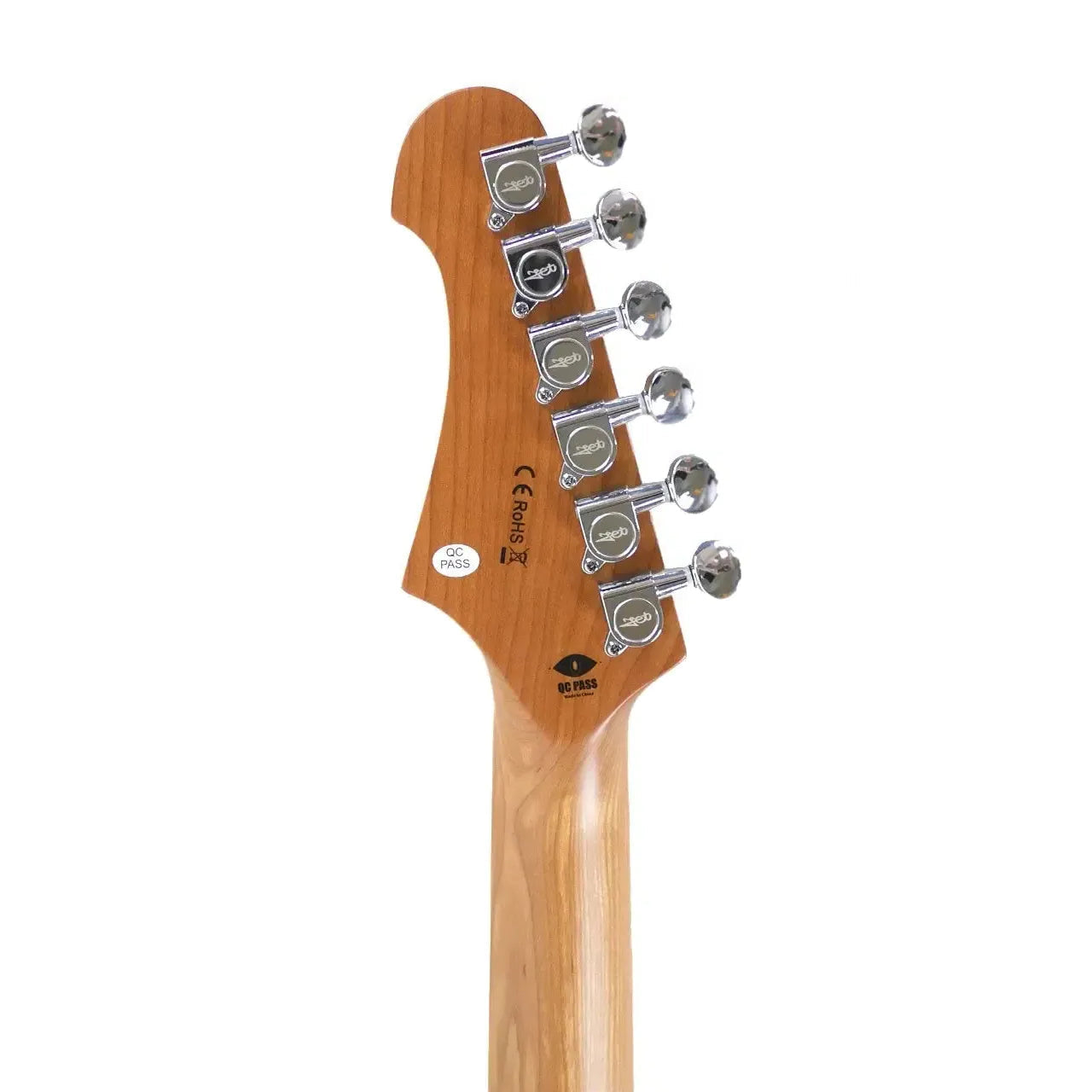 Back of Jet JS-300 MINI BK electric guitar headstock with roasted maple neck and six chrome tuners.