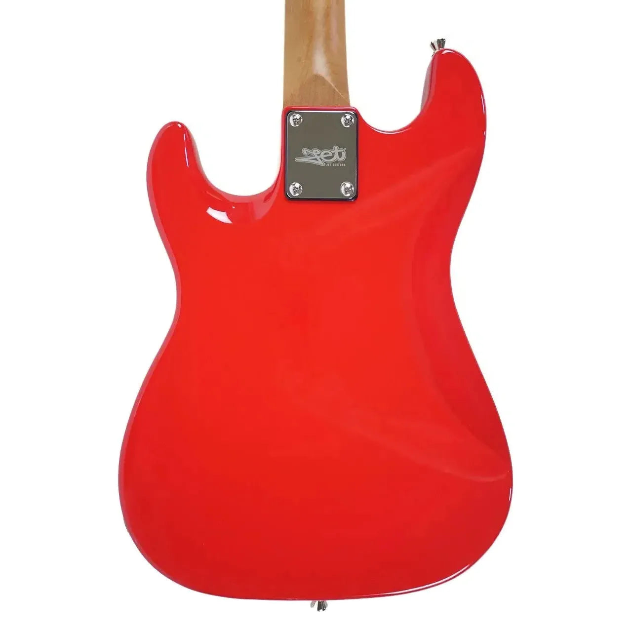 Back of a glossy red Jet JS-300 Mini Stratocaster electric guitar with a light wood neck.