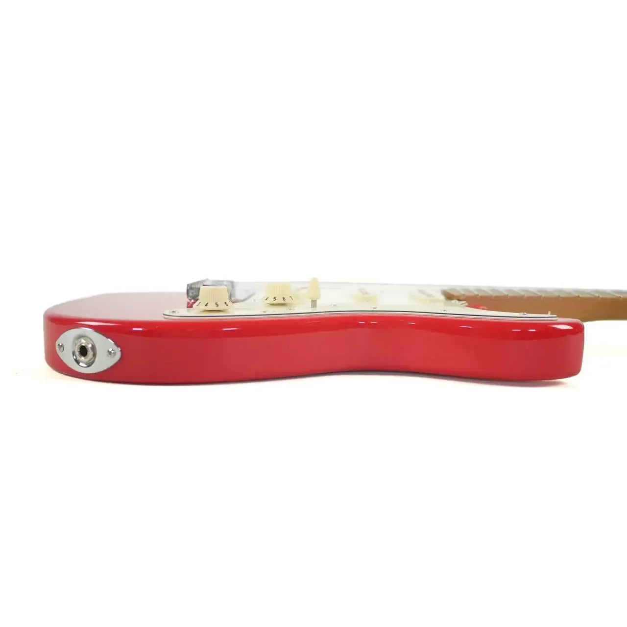 Jet JS-300 MINI RD red Stratocaster electric guitar body with output jack and white pickguard.